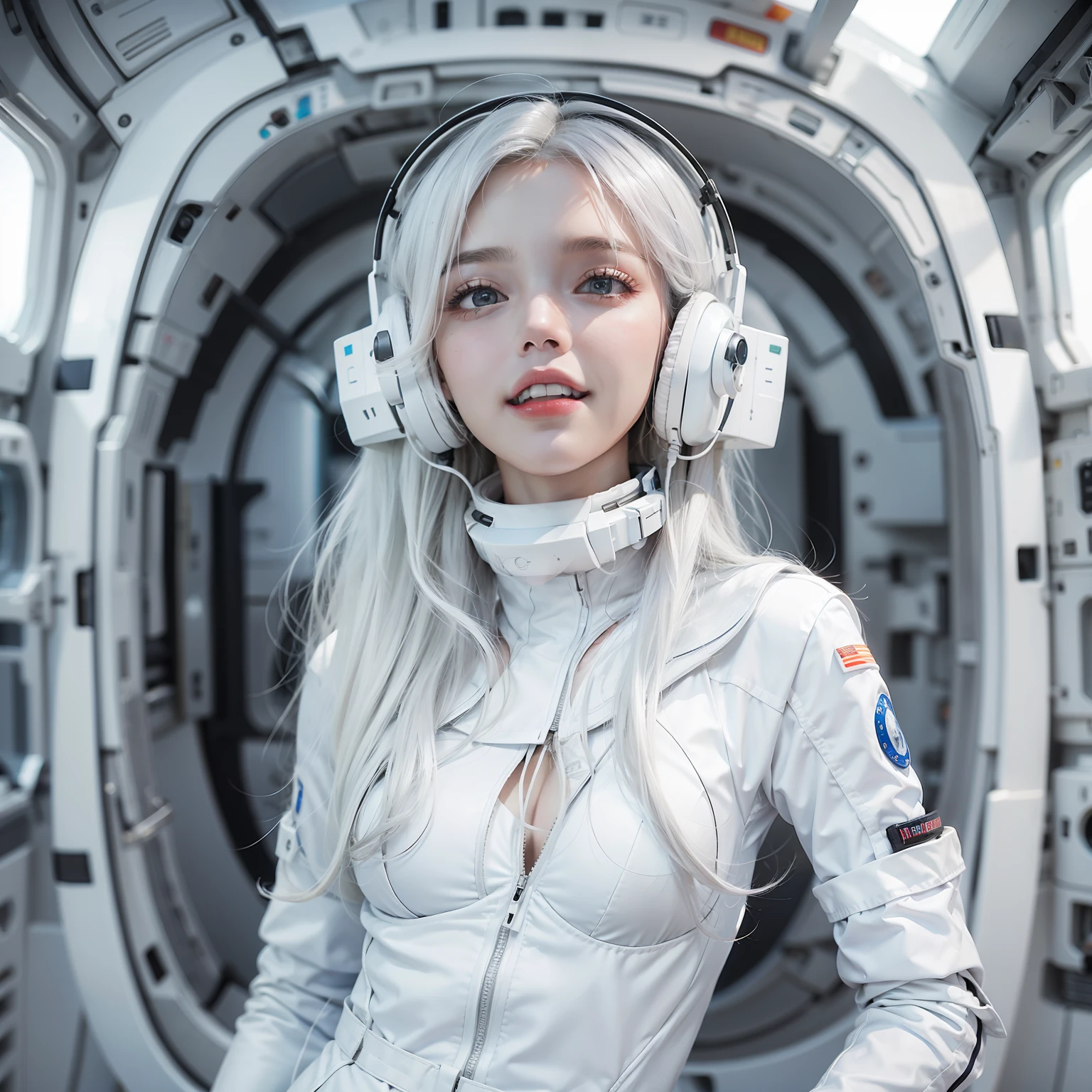 Enchanted woman happy to raise her hand Shot with a 50mm lens Perfect beauty Beautiful white skin Beautiful eyes Lustrous lips lovely smile wink White hair He wears a thin spacesuit designed in white and black that sticks to his body. Functional head phone Inside the spacecraft