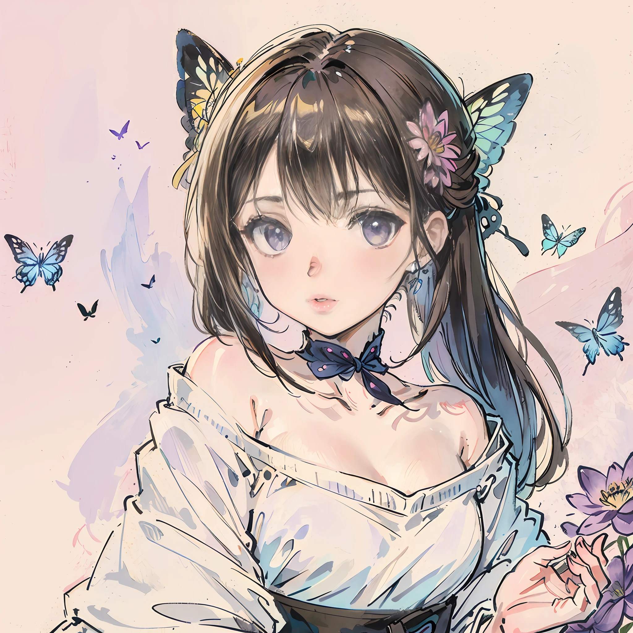 1girl, animal, artist_name, bangs, black_ribbon, blue_butterfly, blush, breasts, brown_eyes, brown_hair, bug, butterfly, butterfly_hair_ornament, butterfly_on_hand, butterfly_wings, collarbone, daisy, eyebrows_visible_through_hair, flower, glowing_butterfly, hair_between_eyes, holding, holding_flower, leaf, lily_\(flower\), long_hair, long_sleeves, looking_at_viewer, lotus, marker_\(medium\), medium_breasts, multicolored_hair, painting_\(medium\), parted_lips, pink_eyes, pink_flower, purple_eyes, purple_flower, purple_hair, ribbon, solo, traditional_media, tulip, upper_body, watercolor_\(medium\), white_butterfly, yellow_butterfly