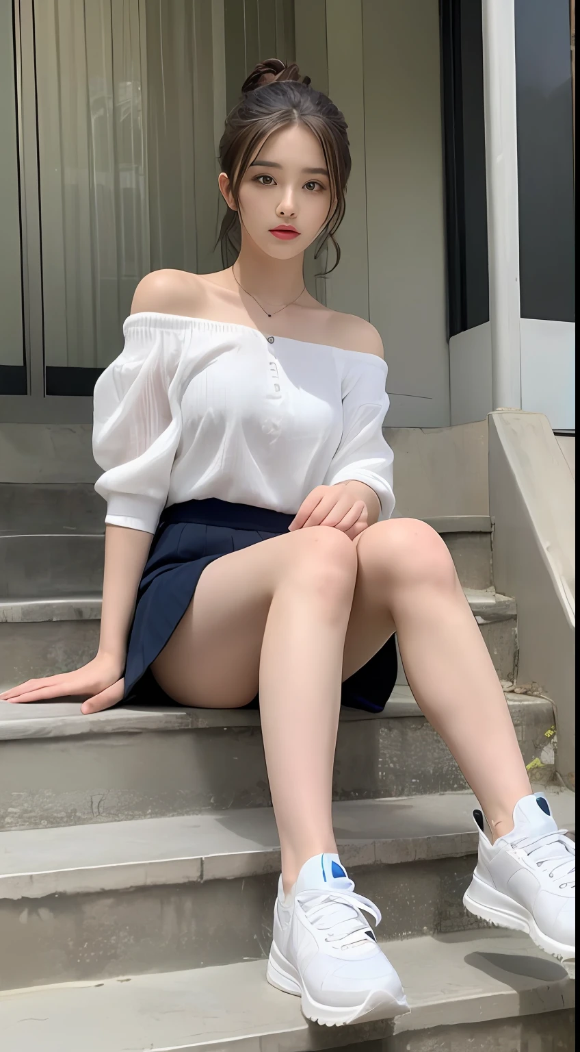 ((Best picture quality, 8K, tmasterpiece:1.3)), 1girll, Casual hairstyle, (off-shoulder blouse,Short pleated skirt:1.3),(wet see through clothes:1.4),Ultra-fine face, A detailed eye, 二重まぶた,(long leges:1.4),(athletic sneakers:1.3)Erlang legs,Sit on a high platform