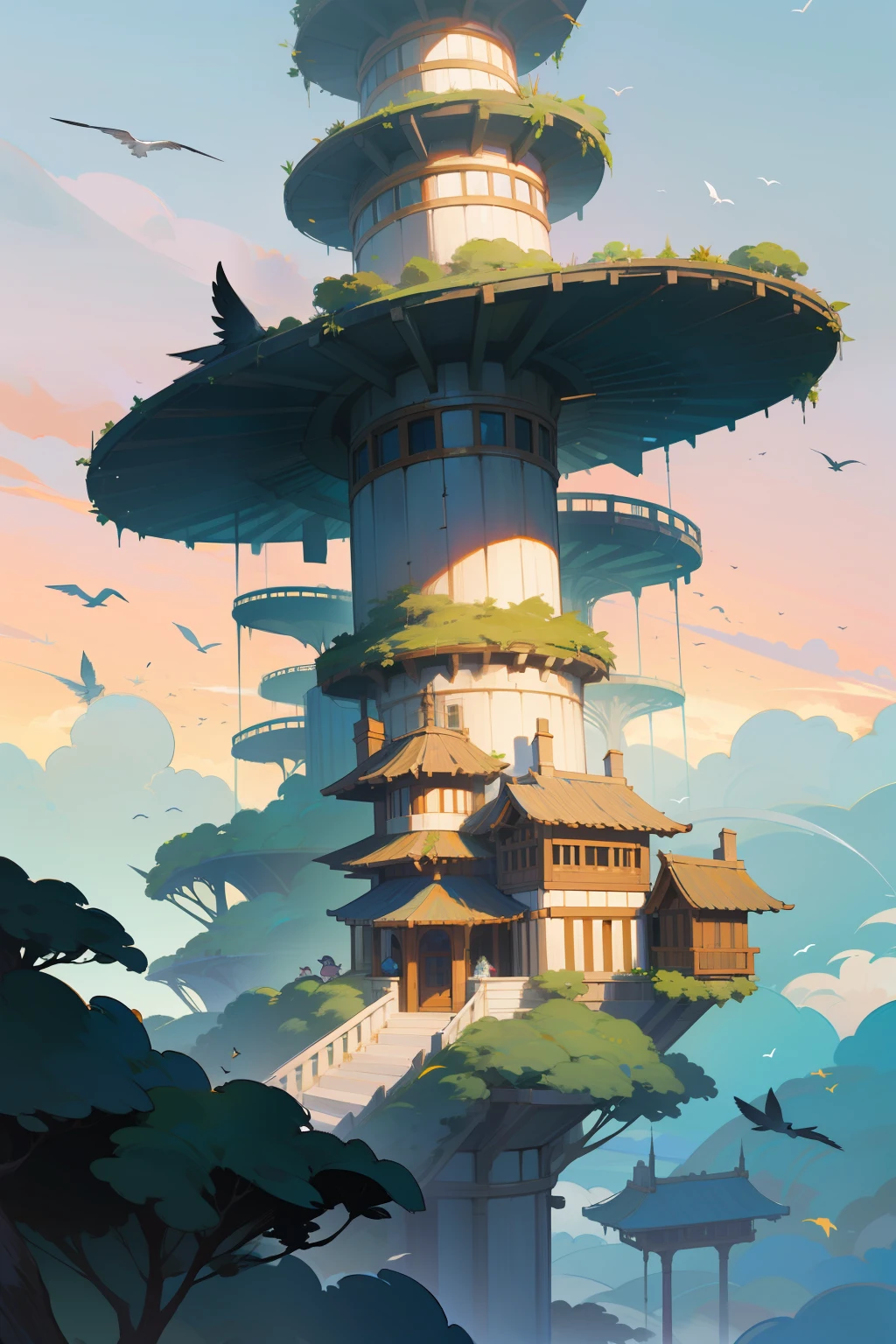 sky cities，Birds are on the rise，Flocks of birds surround，Birds fly around the building，Add fairy characters in the upper left corner，Add clouds in the blanks，hyper-detailing，Beautiful