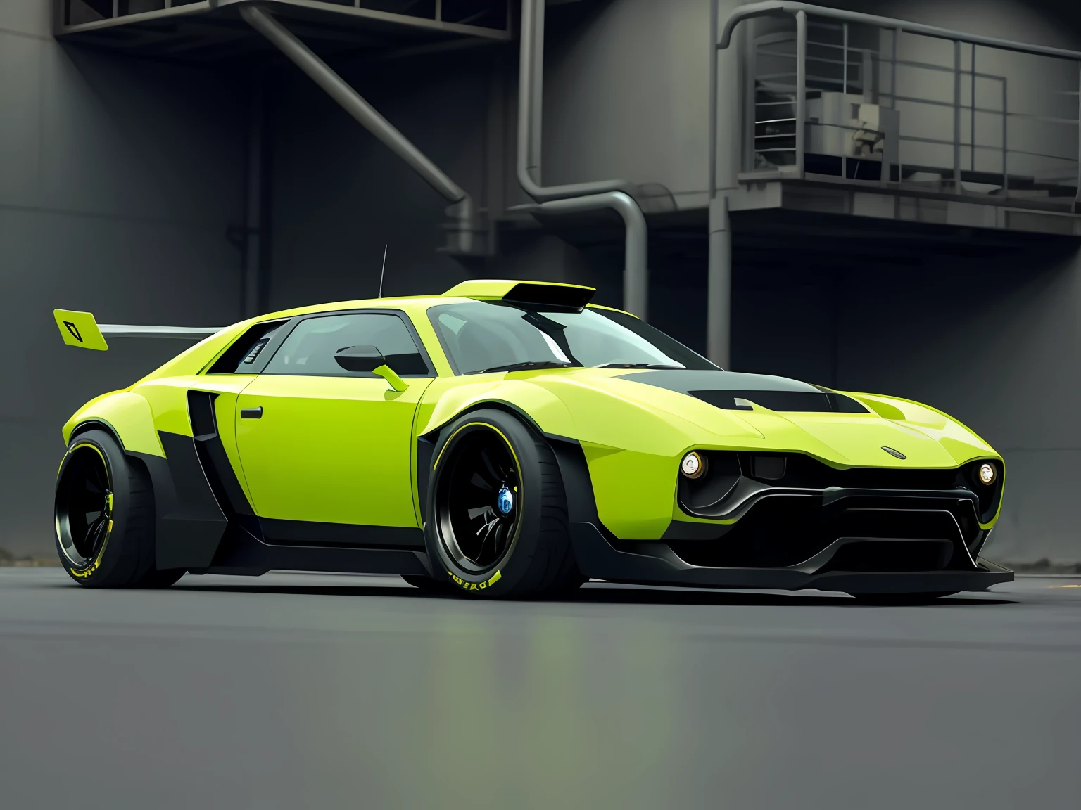 a 3/4 front view of ((futuristic cyberpunk hotrod zeekars)) (with glowing tires), at the parking lot,
