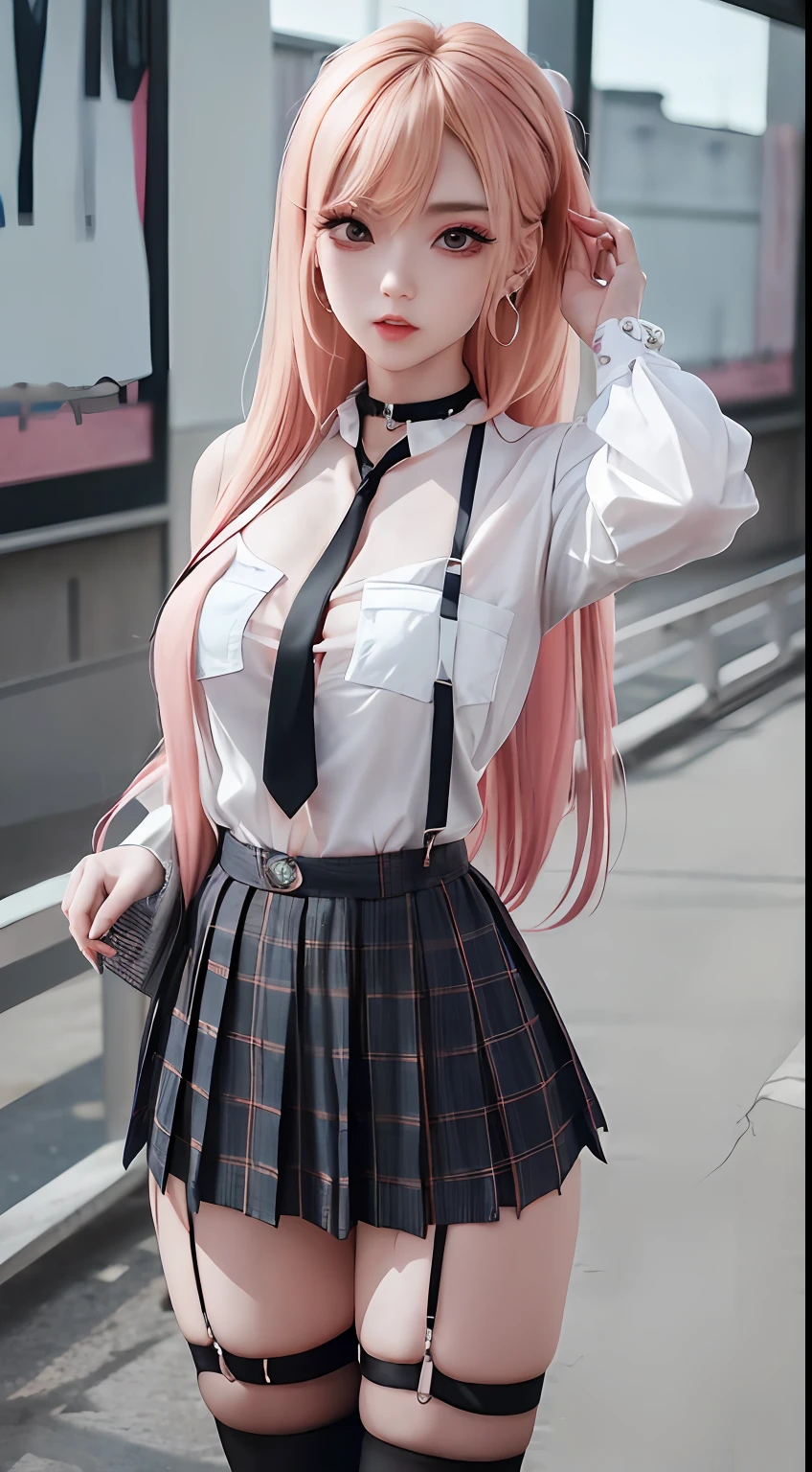 1girl, Marin Kitagawa, long hair, blonde hair, red eyes, piercing, earrings, ear piercing, stud earrings, black choker, loose necktie, school uniform, white collared shirt, blue skirt, pleated skirt, plaid skirt, wrist scrunchie, long fingernails, pink nails, nail art, (masterpiece:1.2), highres, best quality, 8k, very clear, beautiful korean face, huge noobs, huge ass, open clothes, nsfw, 4K, Masterpiece, highres, absurdres,natural volumetric lighting and best shadows, deep depth of field, sharp focus, soft delicate beautiful attractive face,vandread,blonde Nadia with a choker,looking at viewer , vandread drawing style, 1girl, solo, long hair, looking at viewer, skirt, shirt, thighhighs, jewelry, standing, white shirt, blonde and pink hair, earrings, black thighhighs, indoors, bracelet, plaid, makeup, plaid skirt, suspenders, reflection, mirror, realistic, suspender skirt, wearing Urban_Gal