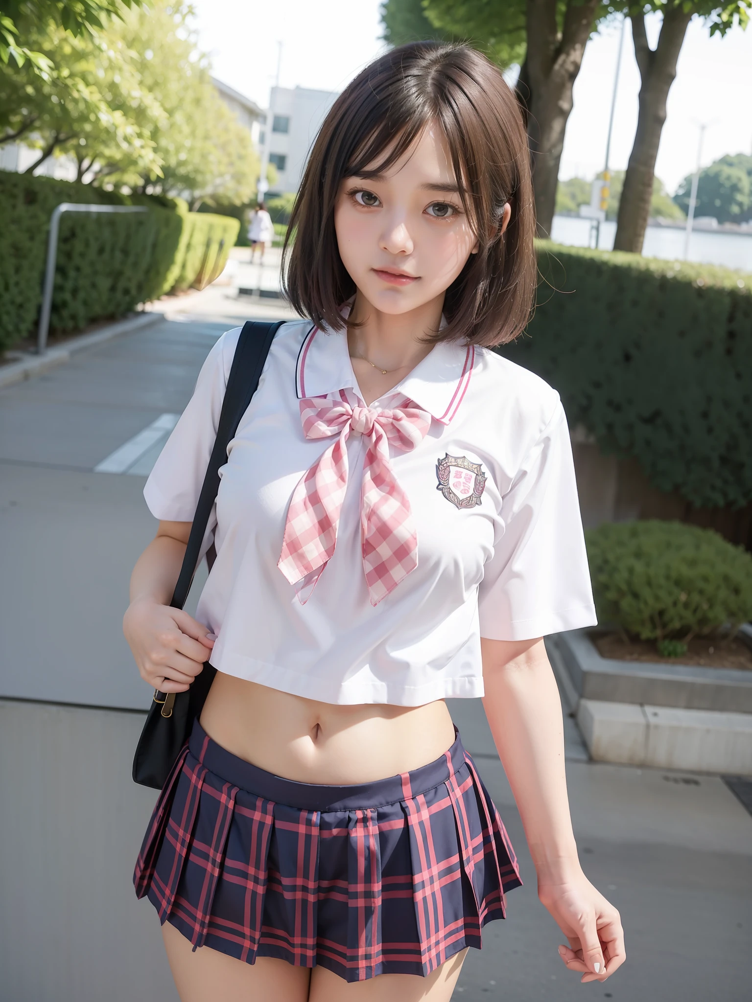 Asian woman in pink plaid and white sailor suit、(Rear view、backshots), 18-year-old female student, Japan school uniform, japanese girl school uniform, a hyperrealistic schoolgirl, wearing japanese school uniform, a hyperrealistic schoolgirl, dressed as schoolgirl, cutecore, Seifuku, School Girl, Pink Plaid Sailor Uniform Uniform, Ecchi, Realistic Schoolgirl, magical school student uniform、The navel is visible、Tummy is visible、Colossal tits、Slim body、Pink plaid bow tie、(short-hair)