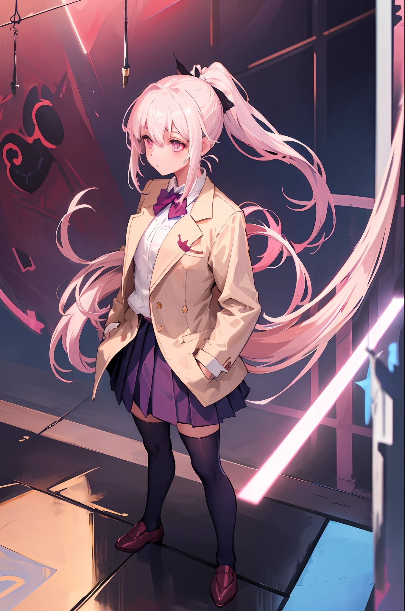 Original Character, Fantasy Concept Art, Volumetric Lighting,masterpiece, best quality, highres, 1girl ponytail hair white ribbon, school uniform white skirt red jacket blue shirt blue bowtie hands in pockets, beige hair, purply-pink eyes