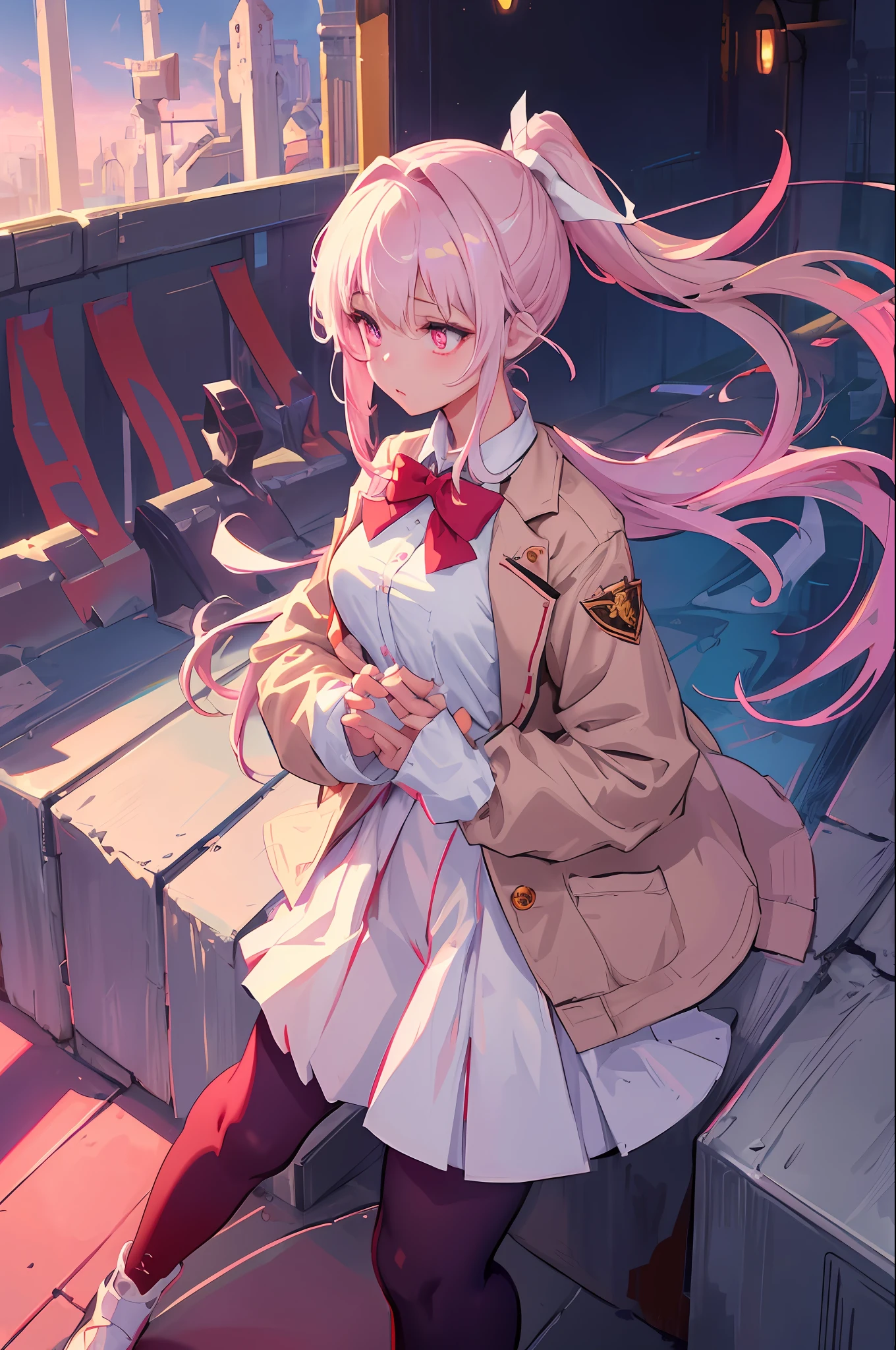 Original Character, Fantasy Concept Art, Volumetric Lighting,masterpiece, best quality, highres, 1girl ponytail hair white ribbon, school uniform white skirt red jacket blue shirt blue bowtie hands in pockets, beige hair, purply-pink eyes