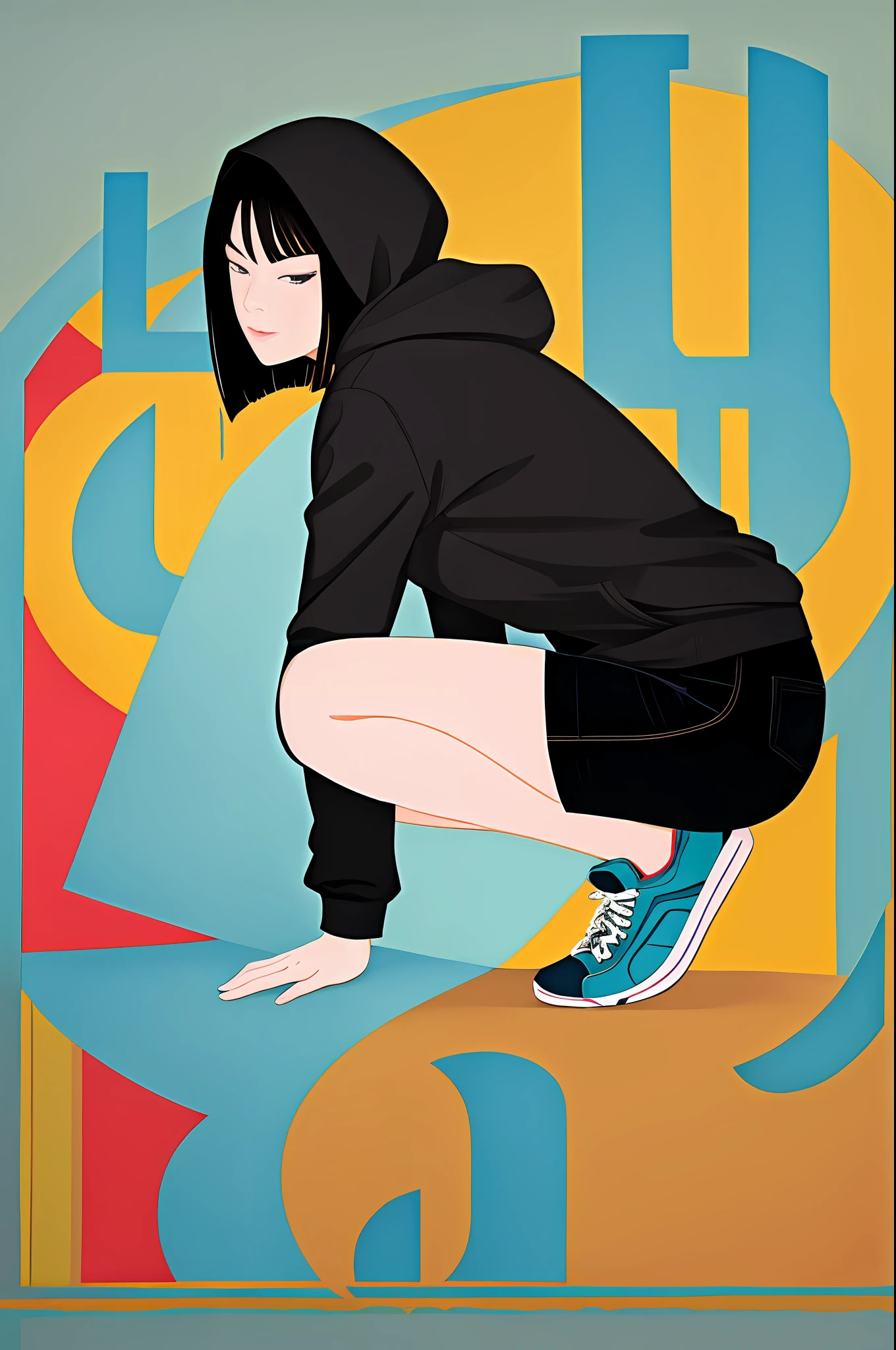 1girl in, Vector art, flat-colors, pop-art, Pattern, city scenery, Hoodie, Shorts, sneakers, bob cuts, Full body, Pose, Squatting, lofi color, (Hiperov), (masutepiece,Best Quality:1.5)