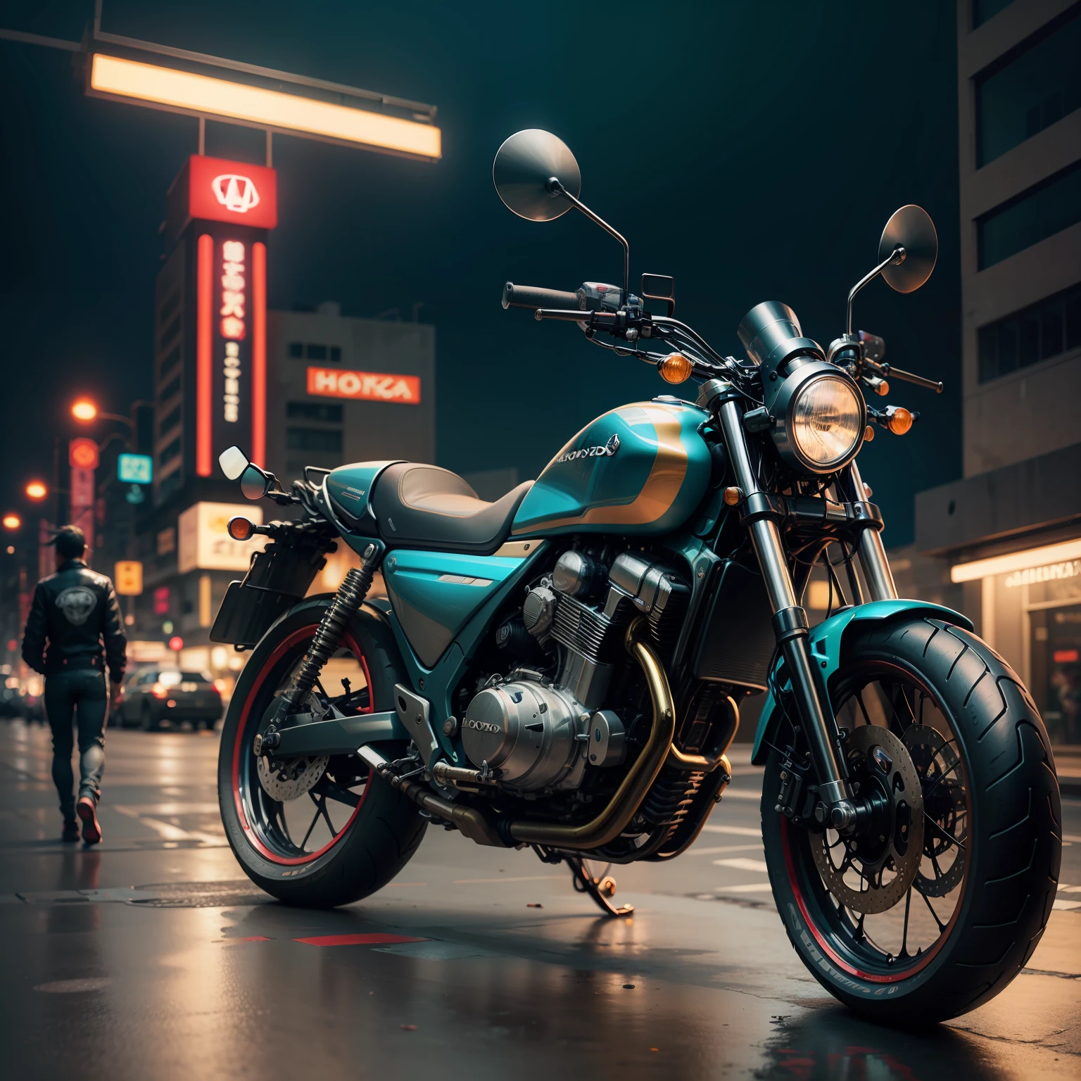 A honda motorcycle  70 realistic  cyberpunk background