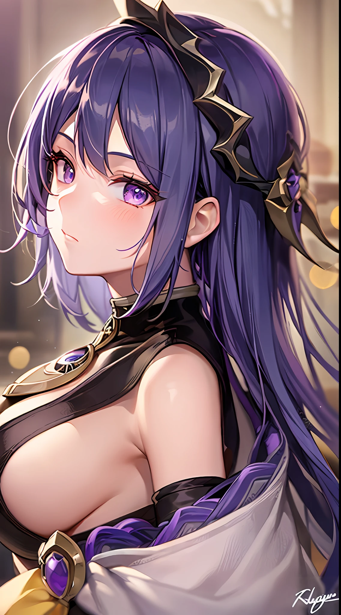 Mast, best quality, 1 girl, raiden \ (Genshin Impact), purple hair, purple eyes, long hair, headband, hair accessories, looking at the audience, from the side, eula signature weapon claymore sword