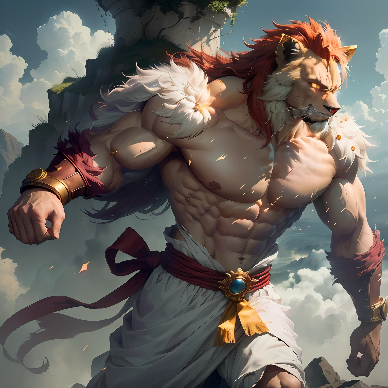 masterpiece, best quality, goku, super Saiyan4, yellow hair Have lightning on your body Above the clouds
