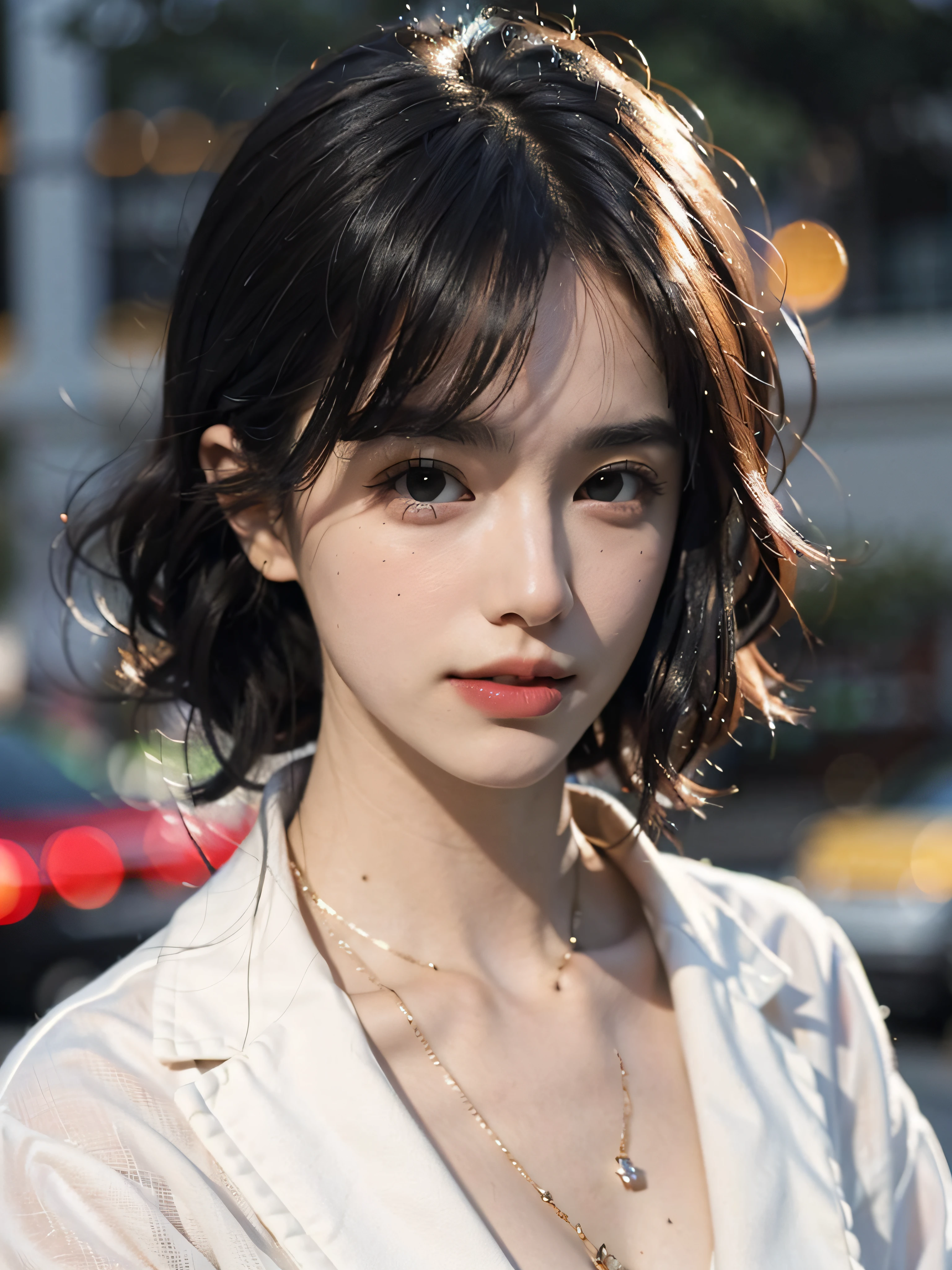 Random posture, mix4,(8k, RAW photo, best quality, masterpiece:1.2), (realistic, photo-realistic:1.37),1girl,cute,cityscape, night, rain, wet, professional lighting, photon mapping, radiosity, physically-based rendering,, gradient black colour hair,, White hair, short curly hair, handsome, girl, white ball suit, top quality picture, high resolution, 1080p, (clear face), (detailed facial description), (detailed hand description), (masterpiece), (exquisite CG), extreme light and shadow, messy hair, master's work, rich details, (fine facial features), (highest quality picture), (masterpiece), (detailed eyes),Look ahead with your eyes,Fine collarbone
