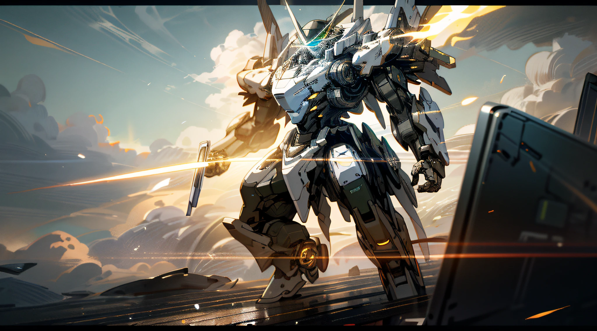 high-definition picture quality,Sunnyday,Skysky,clouds,holding_weapon,no_humans,with light glowing,,droid,buliding,mecha,scientific fiction,城市,Realistis,mecha,Wallpapers,hyper HD,Albedo e mapas Speculares, HDR(HighDynamicRange),Ray traching,NVIDIA RTX, Hyper-Resolution, Unreal 5, sub surface scattering, PBR Texture, Anisotropic filtering, depth of fields, Maximum clarity and sharpness, Many-Layer Textures, Albedo e mapas Speculares, Surface Coloring,perfectly proportions,rendering by octane,twotonelighting,trichotomy,8K RAW,High-Efficiency Sub-Pixel,sub-pixel convolution,Luminous Particle,Light scattering,Tyndall effect,HD face,Full-body photography,Tyndall rays