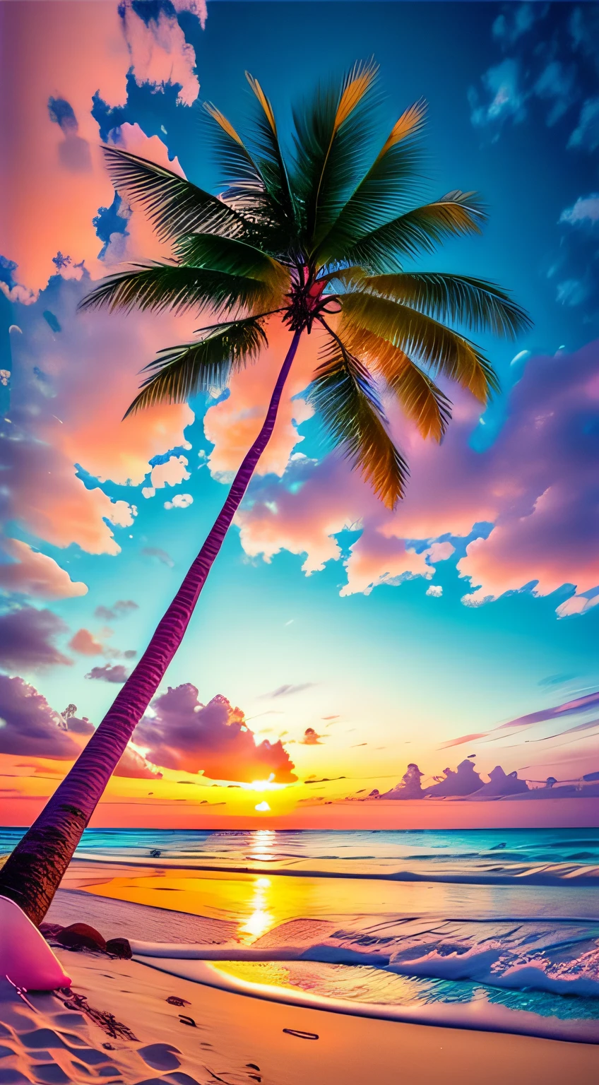 The beach is covered with colorful transparent smooth crystals:1.5,Absolutely mesmerizing sunset on the beach,The sky is mixed with orange,Pink and yellow,Heart-shaped clouds,The sea is crystal clear,Kissing the shore tenderly,The white sand stretches as far as the eye can see。The scene is full of movement,breath-taking,Palm trees sway gently。Soak up the calm atmosphere,Let tranquility envelop you。