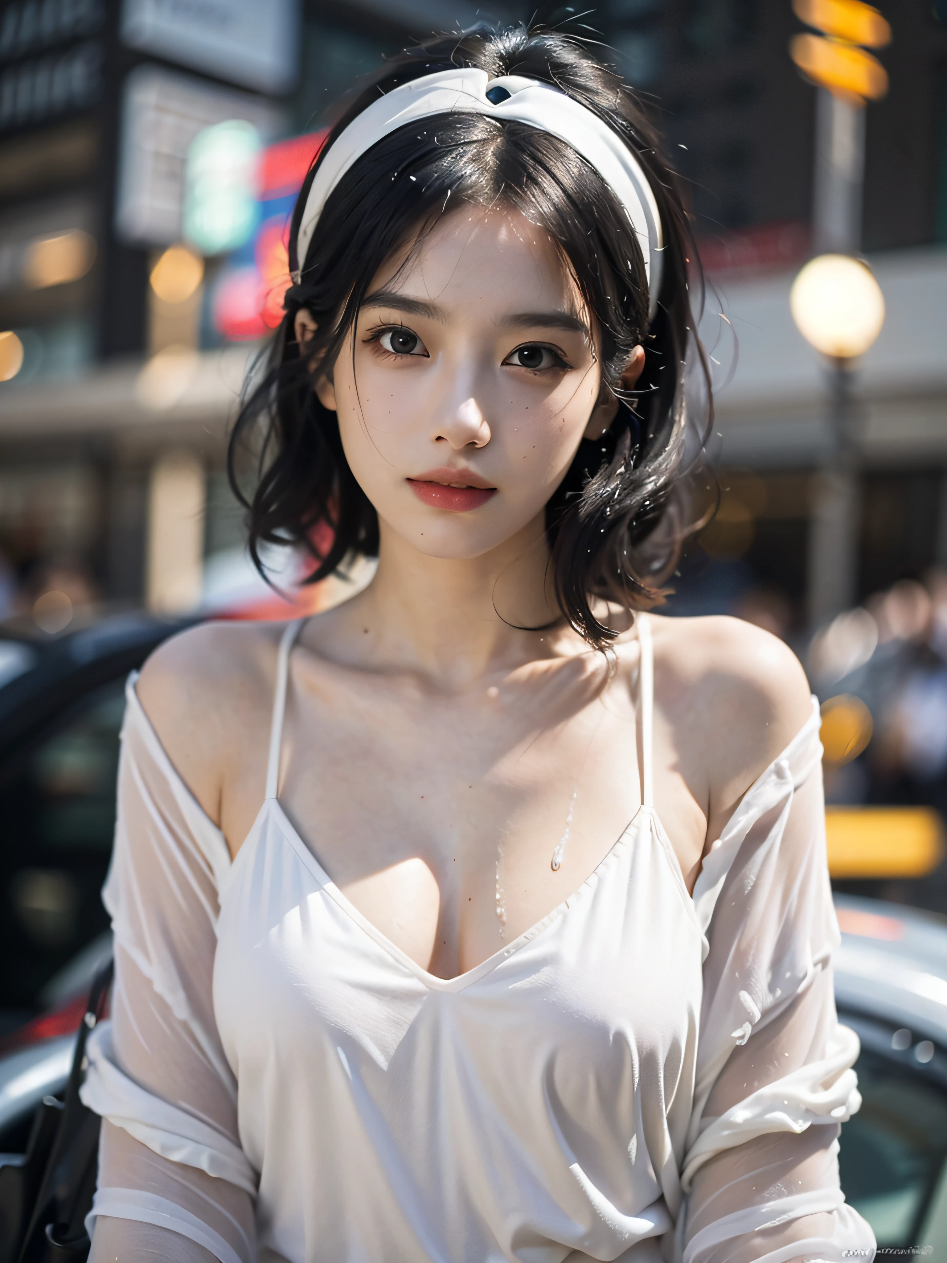 Random posture, mix4,(8k, RAW photo, best quality, masterpiece:1.2), (realistic, photo-realistic:1.37),1girl,cute,cityscape, night, rain, wet, professional lighting, photon mapping, radiosity, physically-based rendering,, gradient black colour hair,, White hair, short curly hair, handsome, girl, white ball suit, top quality picture, high resolution, 1080p, (clear face), (detailed facial description), (detailed hand description), (masterpiece), (exquisite CG), extreme light and shadow, messy hair, master's work, rich details, (fine facial features), (highest quality picture), (masterpiece), (detailed eyes),Look ahead with your eyes,Fine collarbone