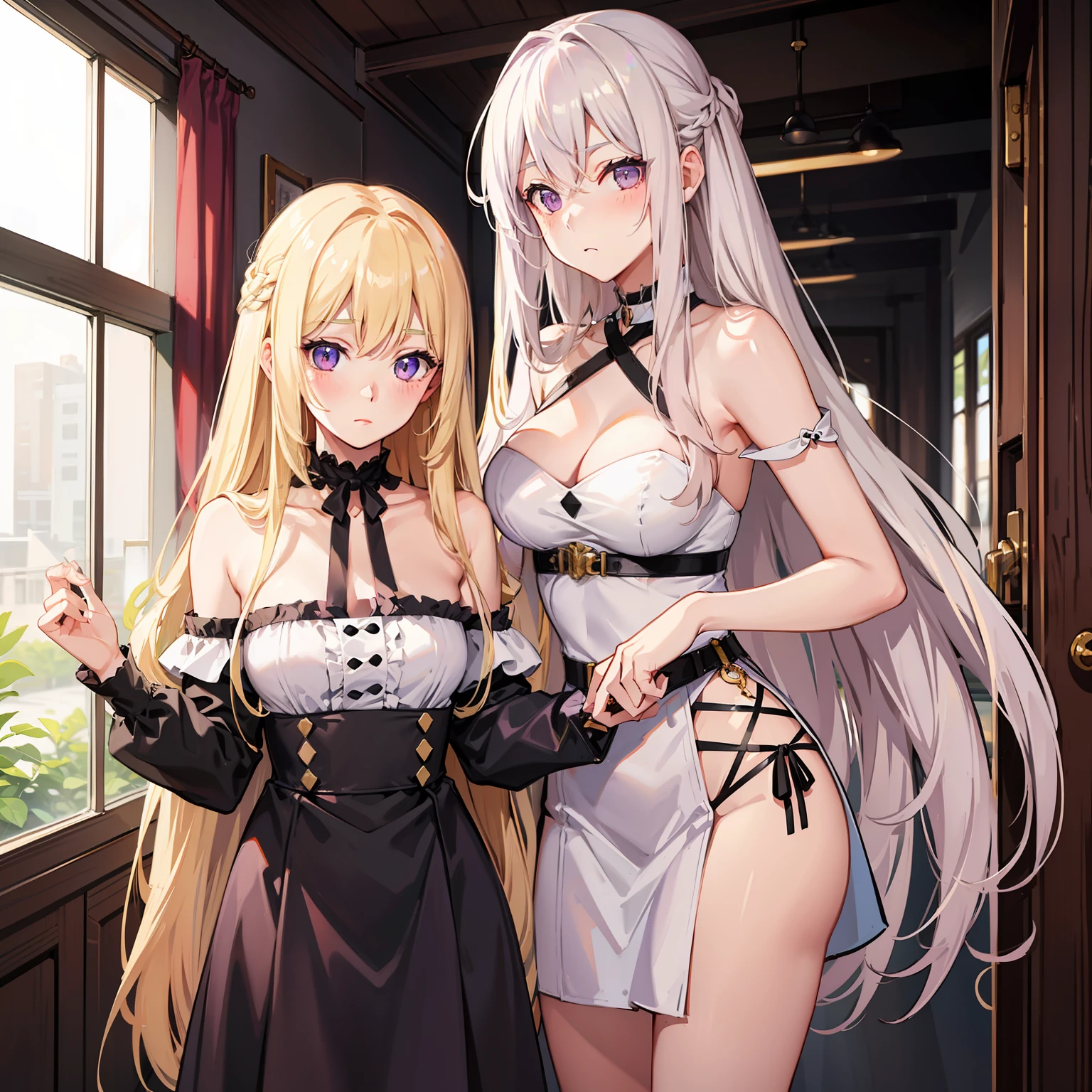 Long blonde hair and waist,Light purple eyes,A shy blushing look,chiquita,Natural stay,Wearing a black off-the-shoulder suspender and a pale pink dress,