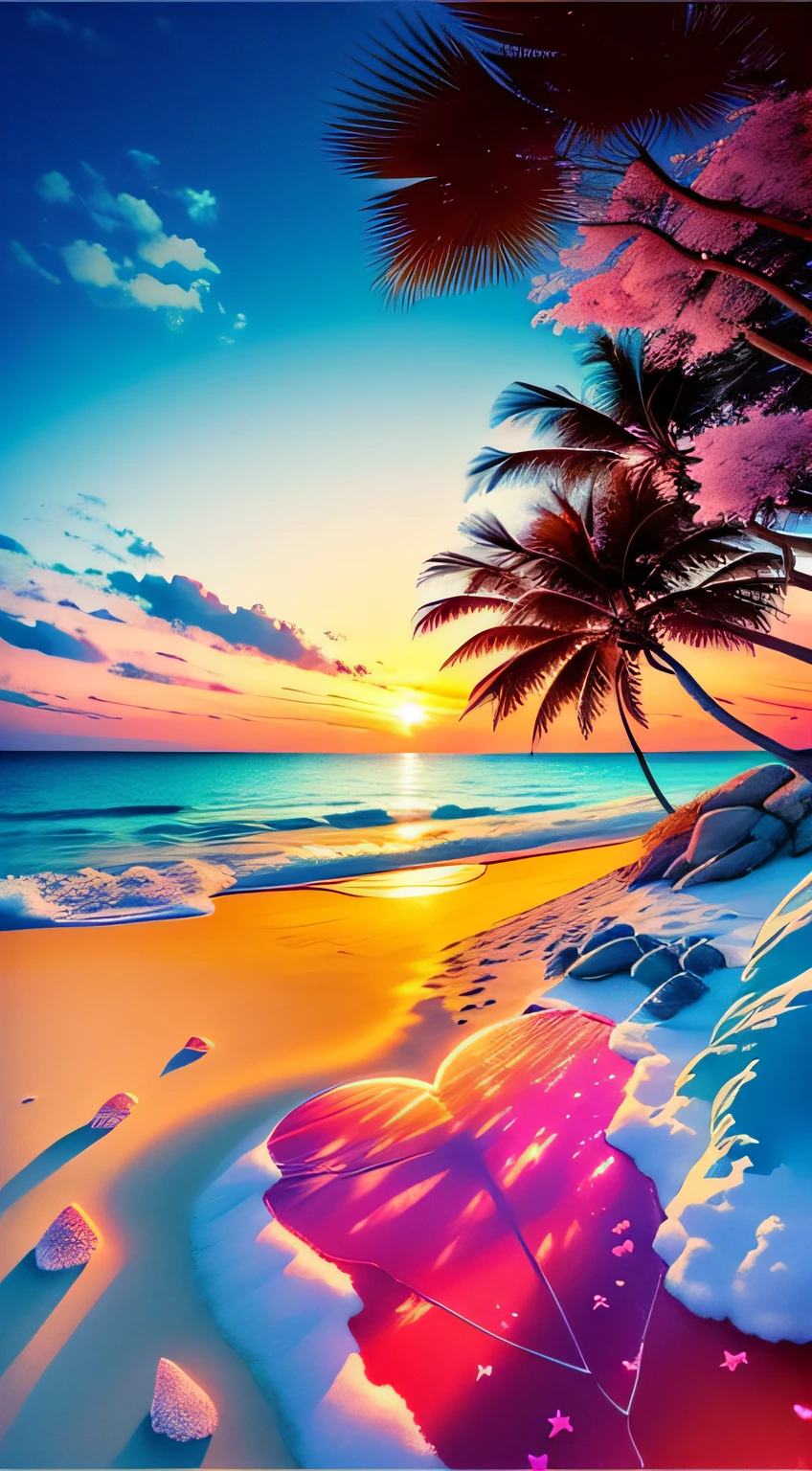 The beach is covered with colorful transparent smooth crystals：1.5，Absolutely mesmerizing sunset on the beach，The sky is mixed with orange，Pink and yellow，Heart-shaped clouds，The sea is crystal clear，Kissing the shore tenderly，The white sand stretches as far as the eye can see。The scene is full of movement，breath-taking，Palm trees sway gently。Soak up the calm atmosphere，Let tranquility envelop you。