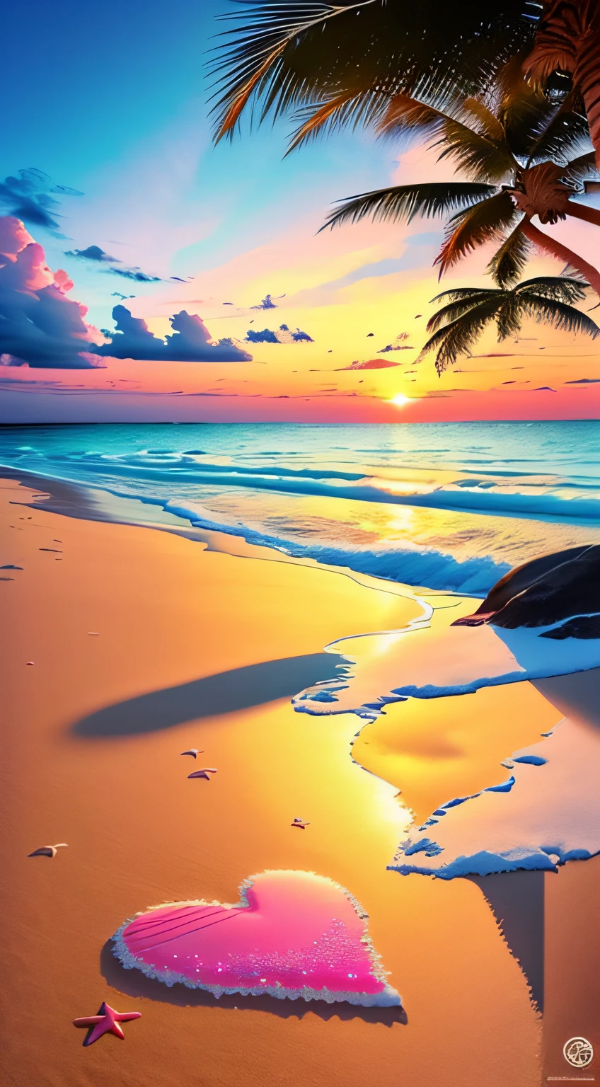 The beach is covered with colorful transparent smooth crystals：1.5，Absolutely mesmerizing sunset on the beach，The sky is mixed with orange，Pink and yellow，Heart-shaped clouds，The sea is crystal clear，Kissing the shore tenderly，The white sand stretches as far as the eye can see。The scene is full of movement，breath-taking，Palm trees sway gently。Soak up the calm atmosphere，Let tranquility envelop you。