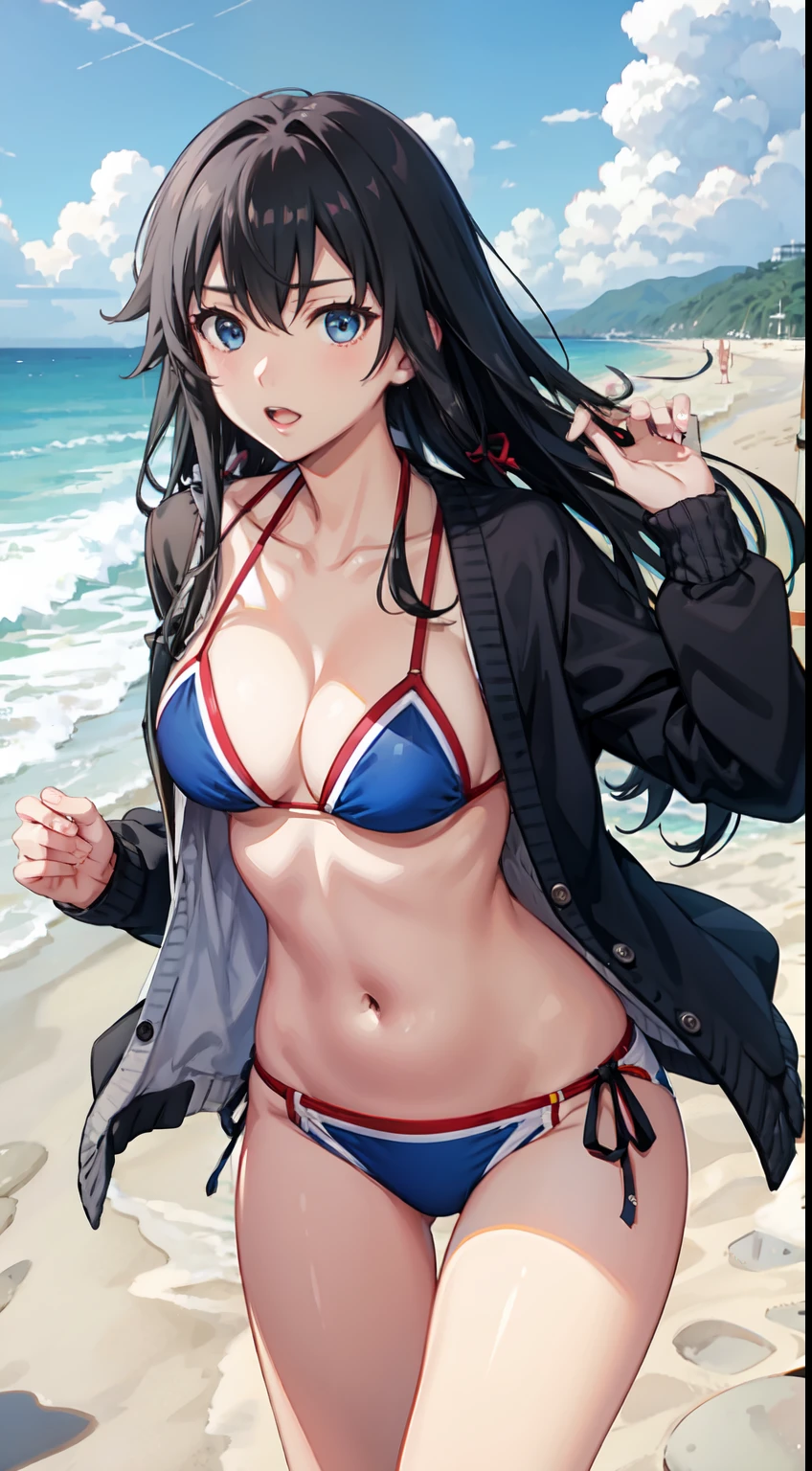 Yukino yukinoshita, long hair, cleavage, navel, slim legs, black hair, blue eyes,  white side tie bikini, beach, cardigan, teen body, shock