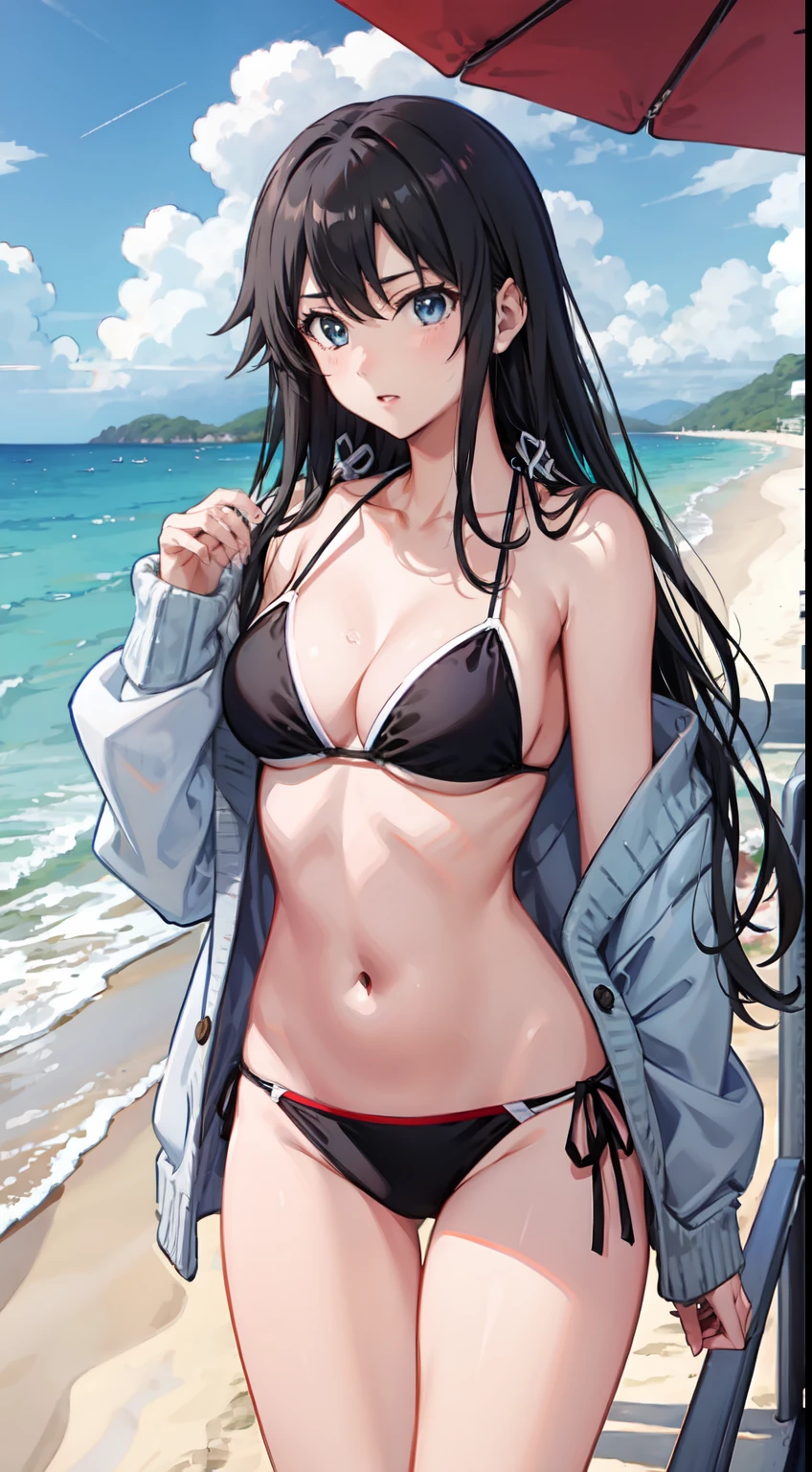 Yukino yukinoshita, long hair, cleavage, navel, slim legs, black hair, blue eyes,  white side tie bikini, beach, cardigan, teen body, shock