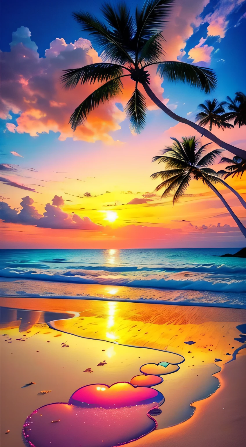 The beach is covered with colorful transparent smooth crystals：1.5，Absolutely mesmerizing sunset on the beach，The sky is mixed with orange，Pink and yellow，Heart-shaped clouds，The sea is crystal clear，Kissing the shore tenderly，The white sand stretches as far as the eye can see。The scene is full of movement，breath-taking，Palm trees sway gently。Soak up the calm atmosphere，Let tranquility envelop you。