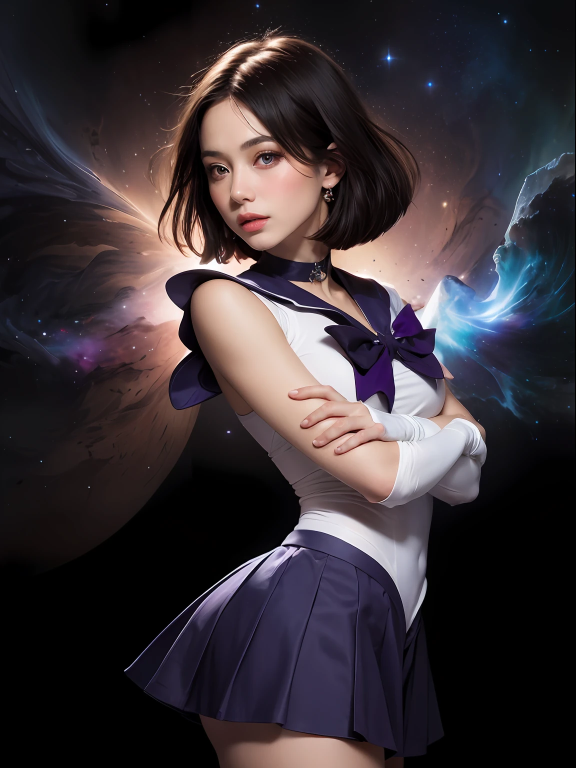 (masterpiece, best quality:1.4), (nebula background), (full body shot), (erotic pose:1.5), 1girl, solo, (european youth:1), sailor saturn, tiara, sailor senshi uniform, purple sailor collar, pleated skirt, elbow gloves, jewelry, brooch, choker, short black hair, (purple eyes:1.2), beautiful face, highly detailed face, highly detailed eyes, highly detailed skin, skin pores, subsurface scattering, realistic pupils, full face blush, full lips, detailed background, depth of field, volumetric lighting, sharp focus, absurdres, realistic proportions, good anatomy, (realistic, hyperrealistic:1.4), 16k hdr,