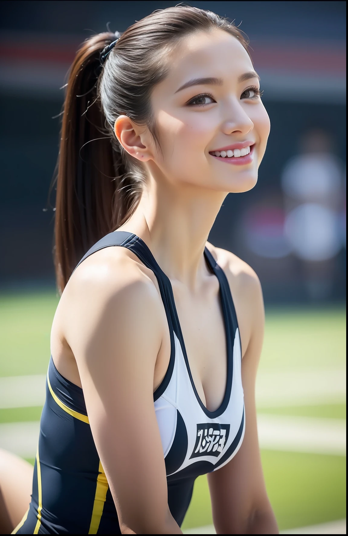 (((full bodyesbian)))、japanese beauty girl、((Short ponytail))、Posing、Perfect style、track and field uniform、beauty legs、kawaii、((Track & Field Athletes Women))、(((1人)))、((stadium))、Transcendent cute、A slight smil、Beautiful breasts、full bodyesbian、athletic field、((Outstanding style))、((Healthy body))、 Photorealsitic、Beautiful detailed eyes、Hyper-Realism、highcontrast、Ultra HD、realistic skin textures、Top image quality、top-quality、超A high resolution、Fine details、Very meticulously