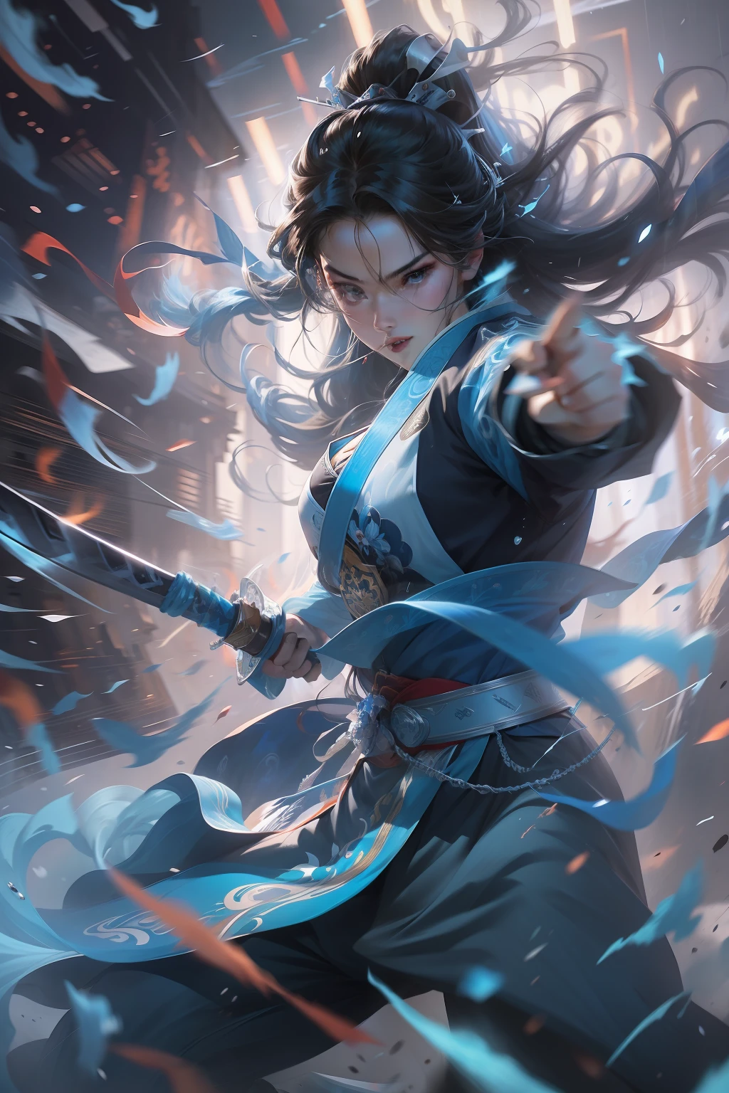 an extreme closeup shot,Martial arts action,battle mode,Extreme flow,Motion blur,The blue sword light slashes towards the camera,turbulence,thunderclap,shockwave,Flowing hair, grim eyes,rainwater,Cinema lenses,GoPro,f/2.8,Low angle overhead shot,Side bust,Created by Zao Wou-Ki,Chinese big splash ink style