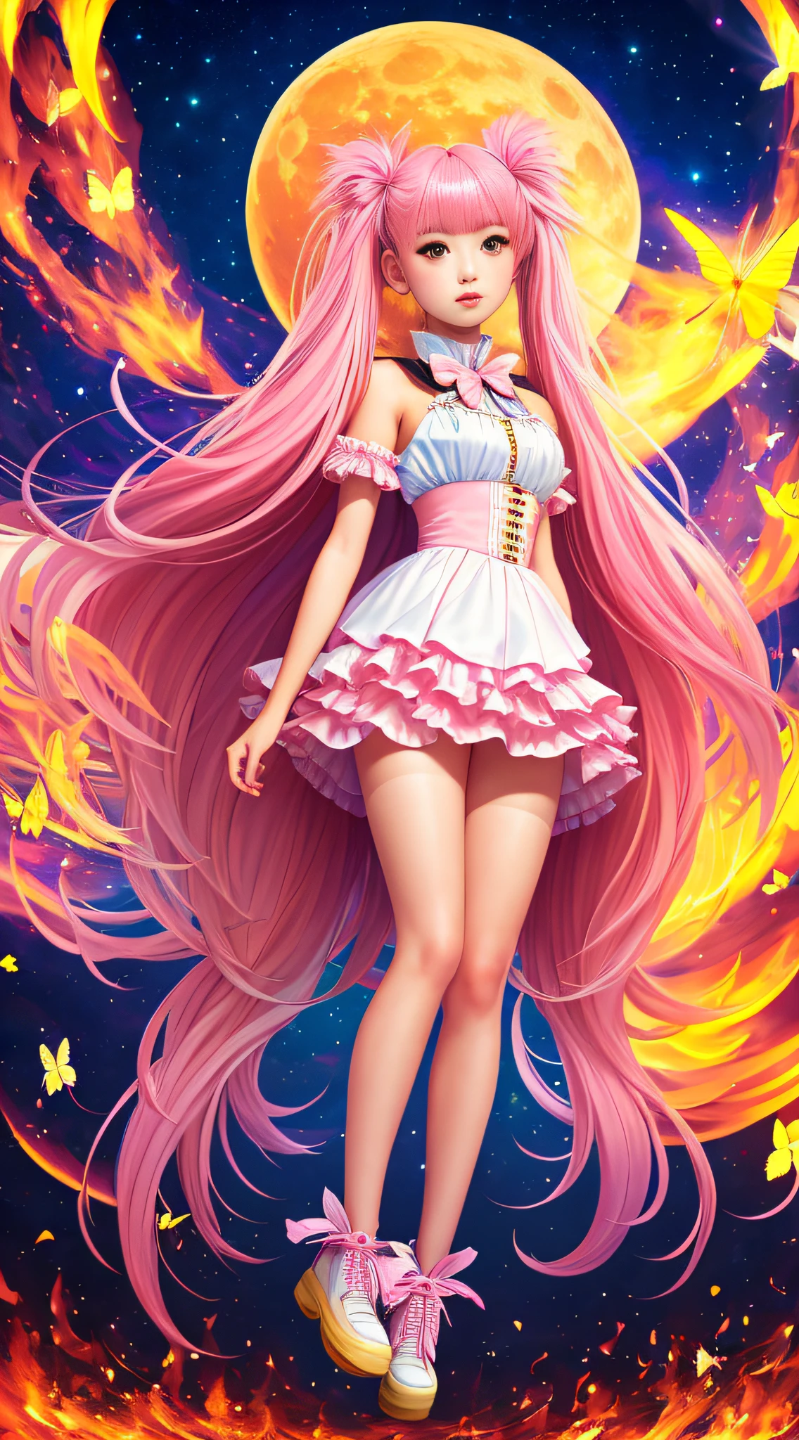 girl,full body,(detailed face:1.2), pure background,masterpiece, fashion,tokyo,harajuku,, long hair, pink hair, twintails, blunt bangs, brown eyes,big butterfly's wings,(evil), on a big yellow moon,suspended above fire,blue star sky，butterfly around