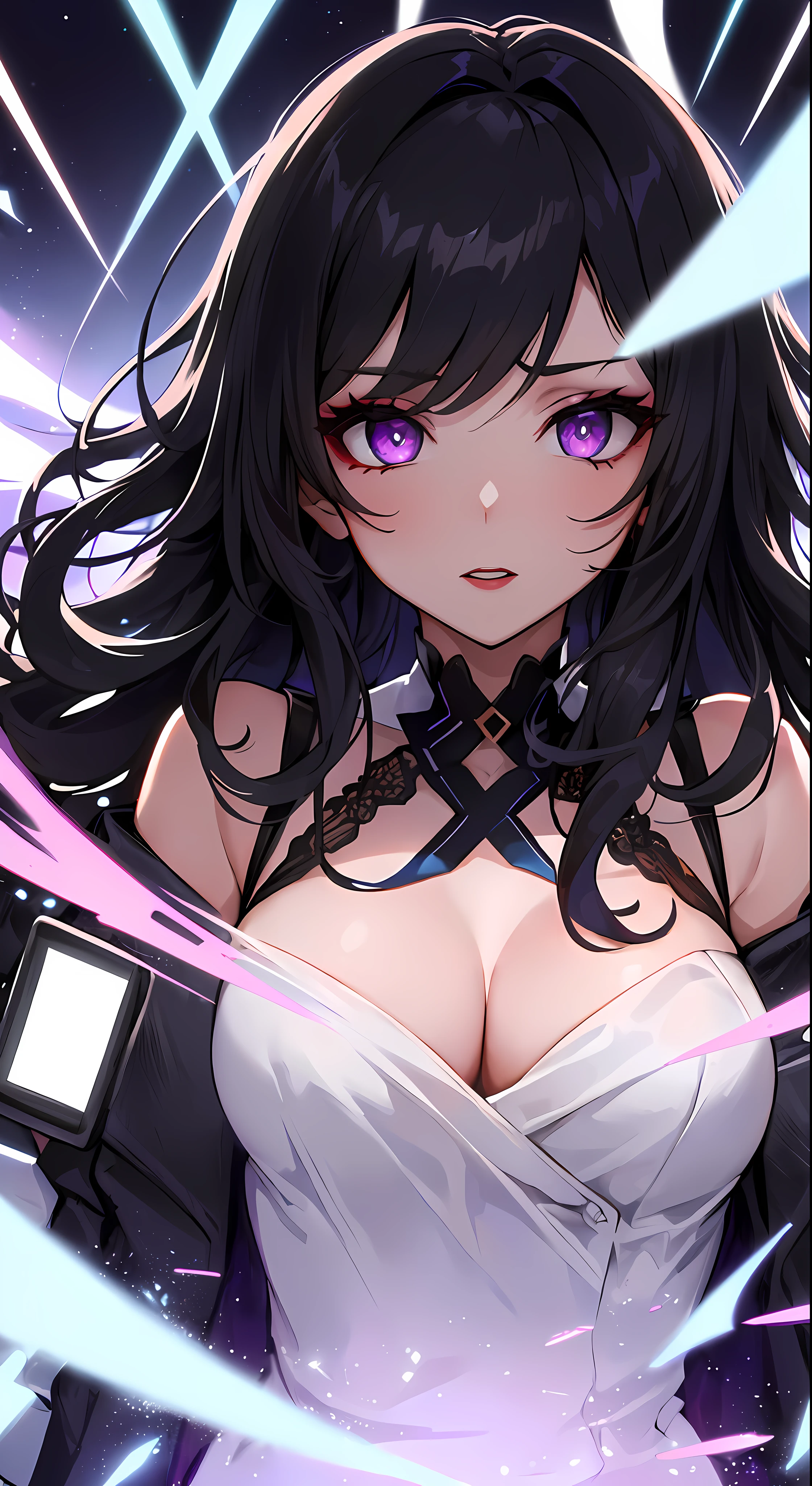 (masterpiece:1.2, best quality1:1, ultra-detailed:1.2, best shadow, 8k:1.1), (plain white background), (beautiful detailed face), high contrast, (perfect illumination:1.2, beautiful color, delicate color), ((cinematic light)), hyper detail, dramatic light, intricate details, (1 girl, solo, black hair, sharp face, messy long hair:1.2, wavy hair:1.1, purple eyes, glowing eyes, dynamic angle, office, formal, upper body:1.2), (eye focus:0.9), (beautiful eyes), (purple theme), (center focus:1.2), depth of field, dark purple particles, (purple aura), makeup, red lipstick, red eyeshadow, hyperdetail makeup, hyperdetail lipstick, hyperdetail eyeshadow, ((half body shot:1.3))