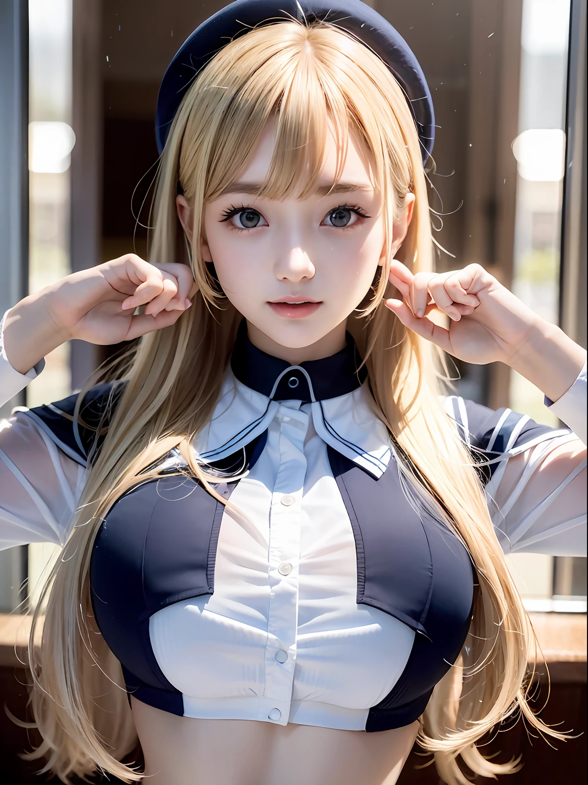portlate、School Uniforms、bright expression、poneyTail、Young shiny shiny white shiny skin、Best Looks、Blonde reflected light、Platinum blonde hair with dazzling highlights、shiny light hair,、Super long silky straight hair、Beautiful bangs that shine、Glowing crystal clear attractive big blue eyes、Very beautiful nice cute 16 year old girl、Lush bust,Raise both arms,(Aside)、tall、full bodyesbian