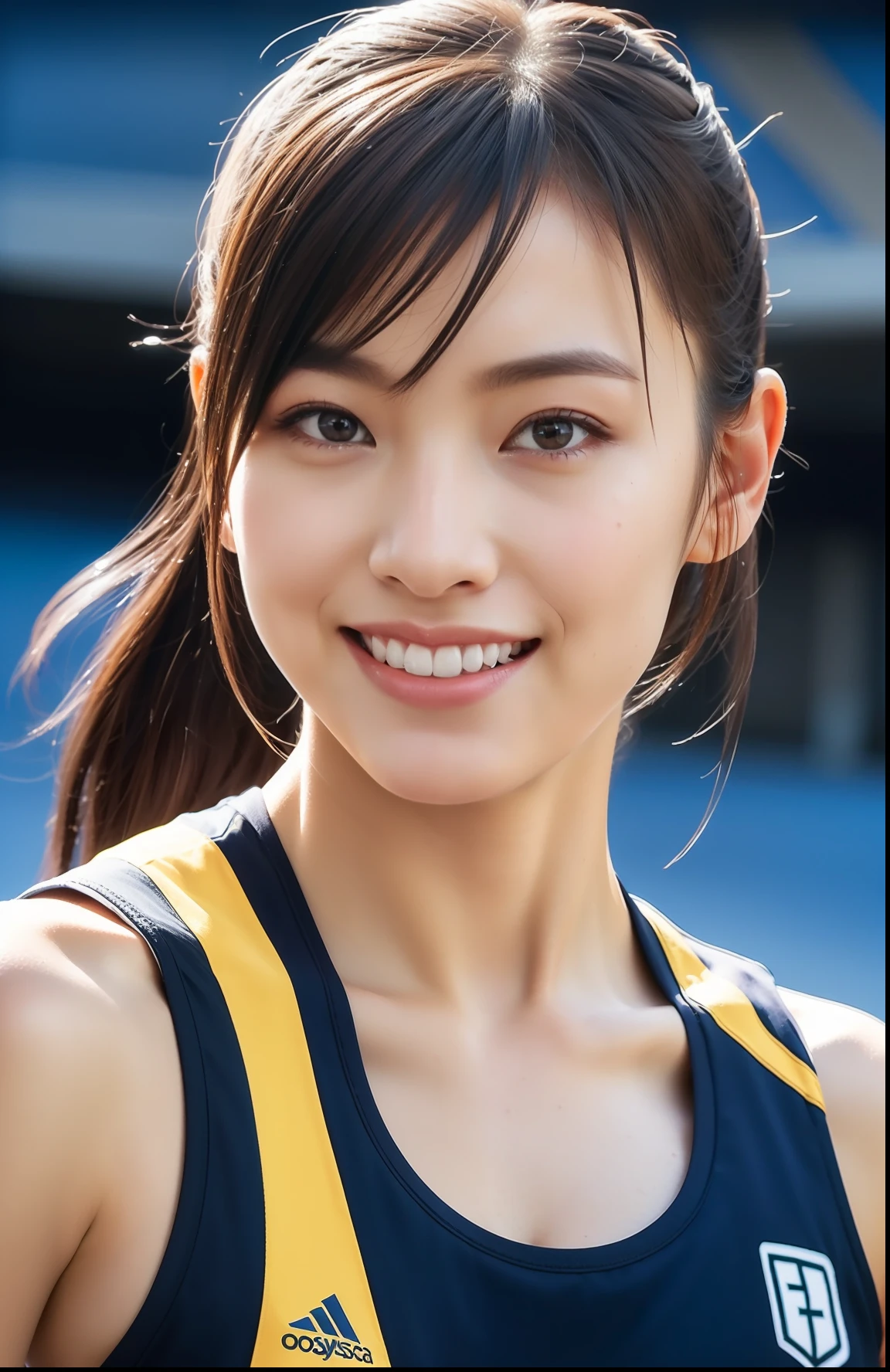 (((full bodyesbian)))、japanese beauty girl、((Short ponytail))、Posing、Perfect style、track and field uniform、beauty legs、kawaii、((Track & Field Athletes Women))、(((1人)))、((stadium))、Transcendent cute、A slight smil、Beautiful breasts、full bodyesbian、athletic field、((Outstanding style))、((Healthy body))、 Photorealsitic、Beautiful detailed eyes、Hyper-Realism、highcontrast、Ultra HD、realistic skin textures、Top image quality、top-quality、超A high resolution、Fine details、Very meticulously