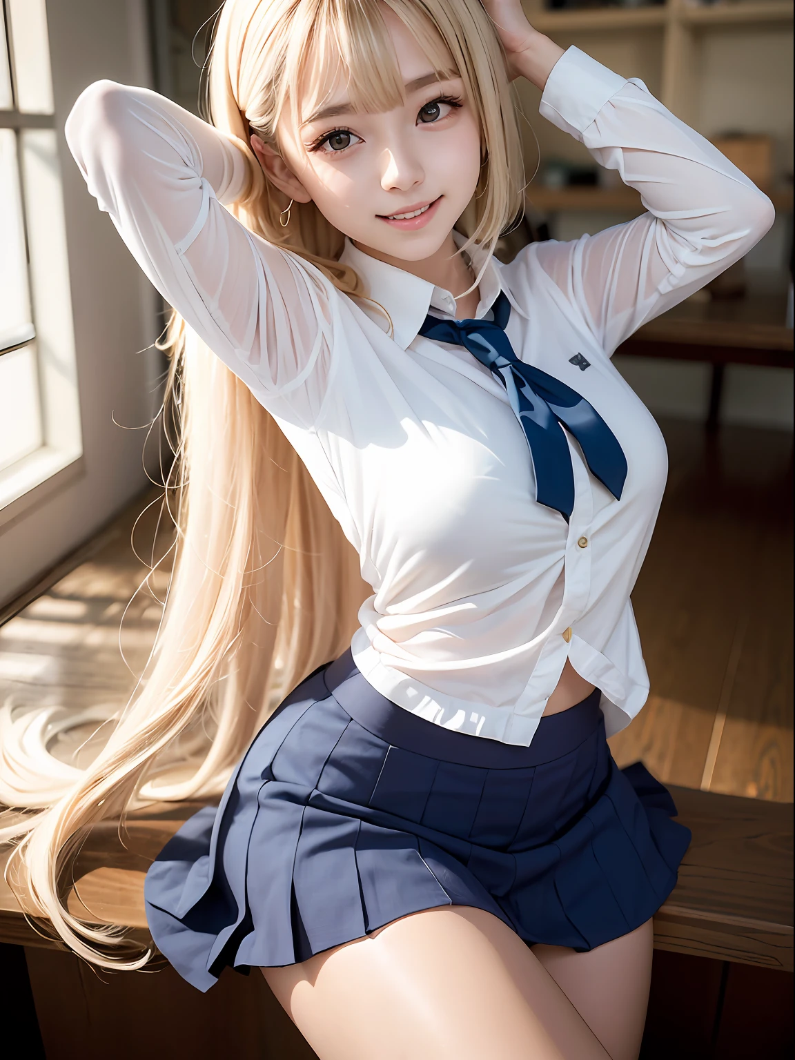 portlate、School Uniforms、bright expression、poneyTail、Young shiny shiny white shiny skin、Best Looks、Blonde reflected light、Platinum blonde hair with dazzling highlights、shiny light hair,、Super long silky straight hair、Beautiful bangs that shine、Glowing crystal clear attractive big blue eyes、Very beautiful nice cute girl、Lush bust,Raise both arms,(Aside)、tall、full bodyesbian、乃木坂アイドル