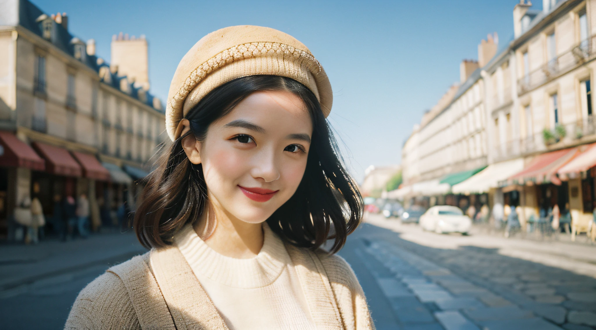 Vintage Parisian charm, young woman, chic outfit, beret, (sparkling eyes, subtle smile, flawless skin texture), cobblestone streets, historic architecture, romantic ambiance, engaging composition, soft natural light, blurred background, vivid colors, fine details, high-resolution, 35mm film, charming cityscape.
portrait photography, 35mm film, natural blurry, filmg,