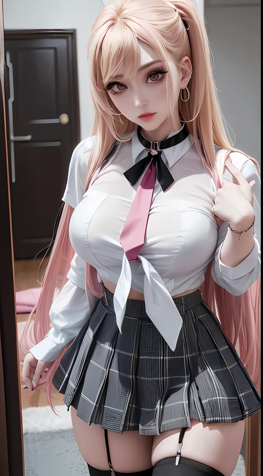 1girl,  Marin Kitagawa, long hair, blonde hair, red eyes, piercing, earrings, ear piercing, stud earrings, black choker, loose necktie,  school uniform, white collared shirt, blue skirt, pleated skirt, plaid skirt, wrist scrunchie, long fingernails, pink nails, nail art,  (masterpiece:1.2), highres, best quality, 8k, very clear, beautiful korean face, huge noobs, huge ass, open clothes, nsfw, 4K, Masterpiece, highres, absurdres,natural volumetric lighting and best shadows, deep depth of field, sharp focus, soft delicate beautiful attractive face,vandread,blonde Nadia with a choker,looking at viewer , vandread drawing style, 1girl, solo, long hair, looking at viewer, skirt, shirt, thighhighs, jewelry, standing, white shirt, blonde and pink hair, earrings, black thighhighs, indoors, bracelet, plaid, makeup, plaid skirt, suspenders, reflection, mirror, realistic, suspender skirt, wearing Urban_Gal, sakimichan art style