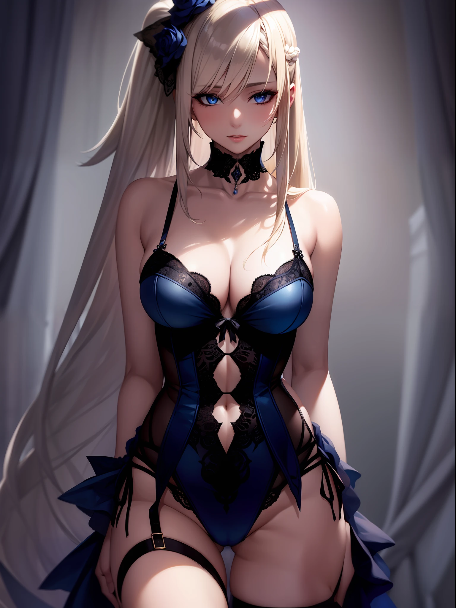 Photoshoot of A very beautiful, seductive woman with long waist-length platinum blonde hair and indigo blue eyes, wearing black lace lingerie