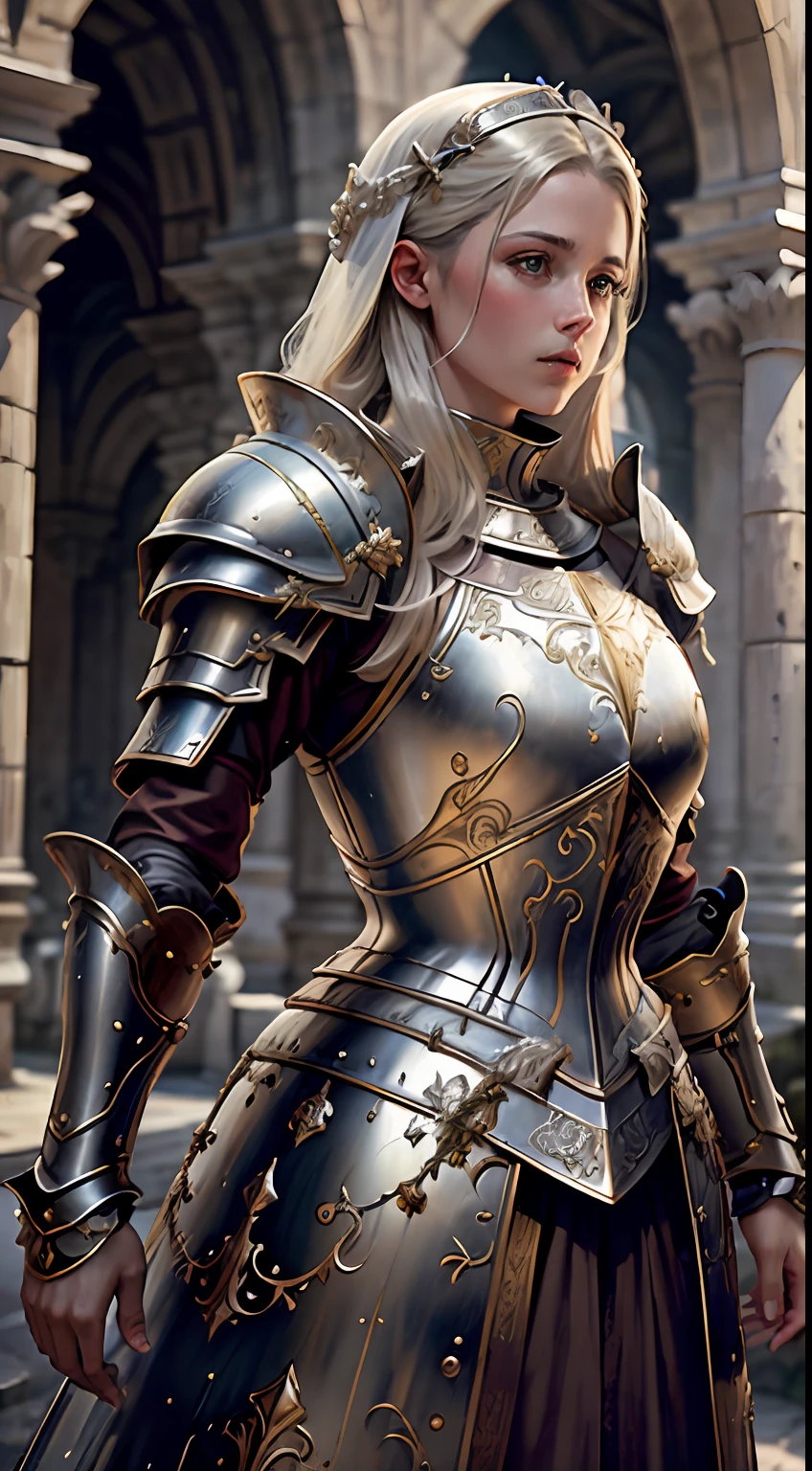 Masterpiece, Cinematographic landscape, Best quality, Baroque, Realstic, European woman, Belles courbes, White Roman medieval armor, Worn Armor, Haut du corps, Regarder le spectateur, champ ouvert, champ de bataille