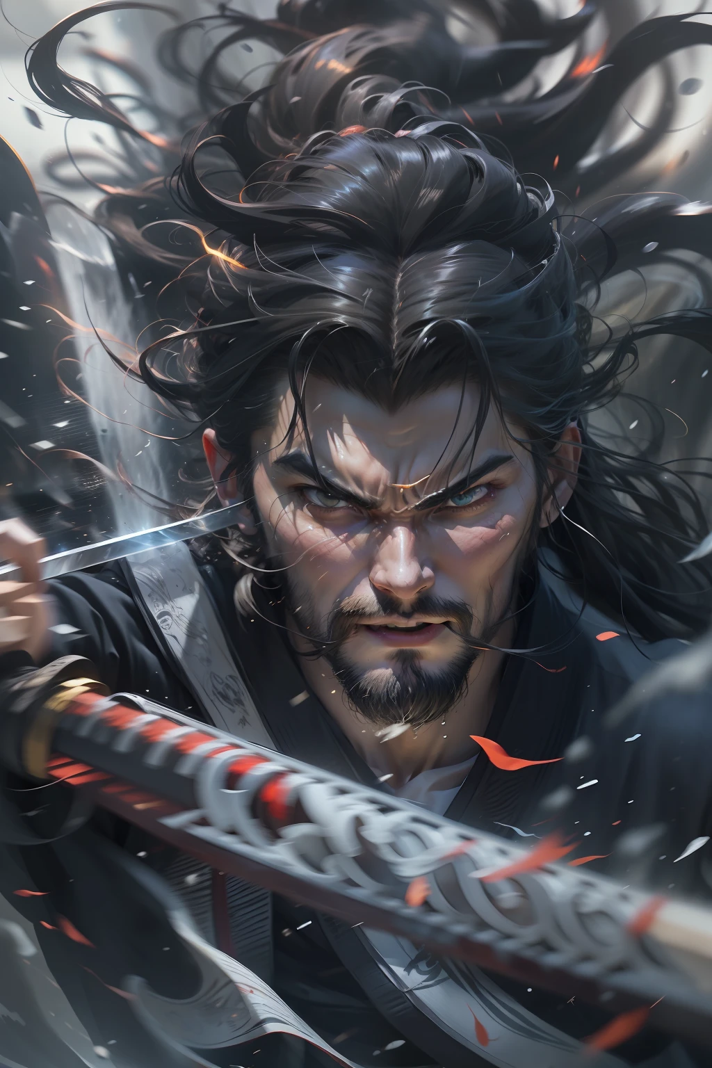 an extreme closeup shot,Martial arts action,battle mode,Extreme flow,Motion blur,glow of sword,turbulence,thunderclap,Flowing hair, grim eyes,rainwater,Cinema lenses,Created by Zao Wou-Ki,Chinese big splash ink style