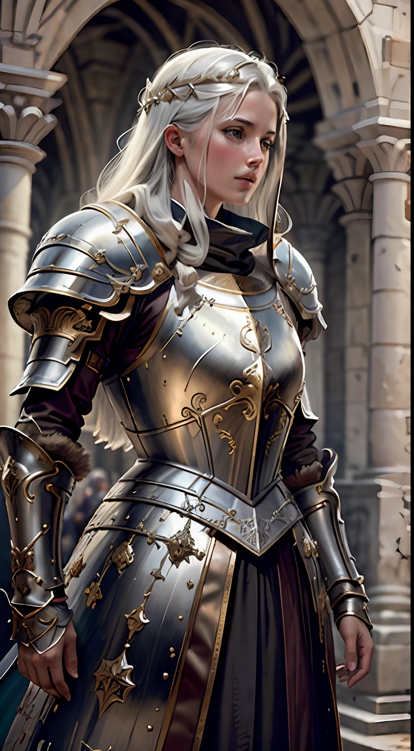 Masterpiece, Cinematographic landscape, Best quality, Baroque, Realstic, European woman, Belles courbes, White Roman medieval armor, Worn Armor, Haut du corps, Regarder le spectateur, champ ouvert, champ de bataille