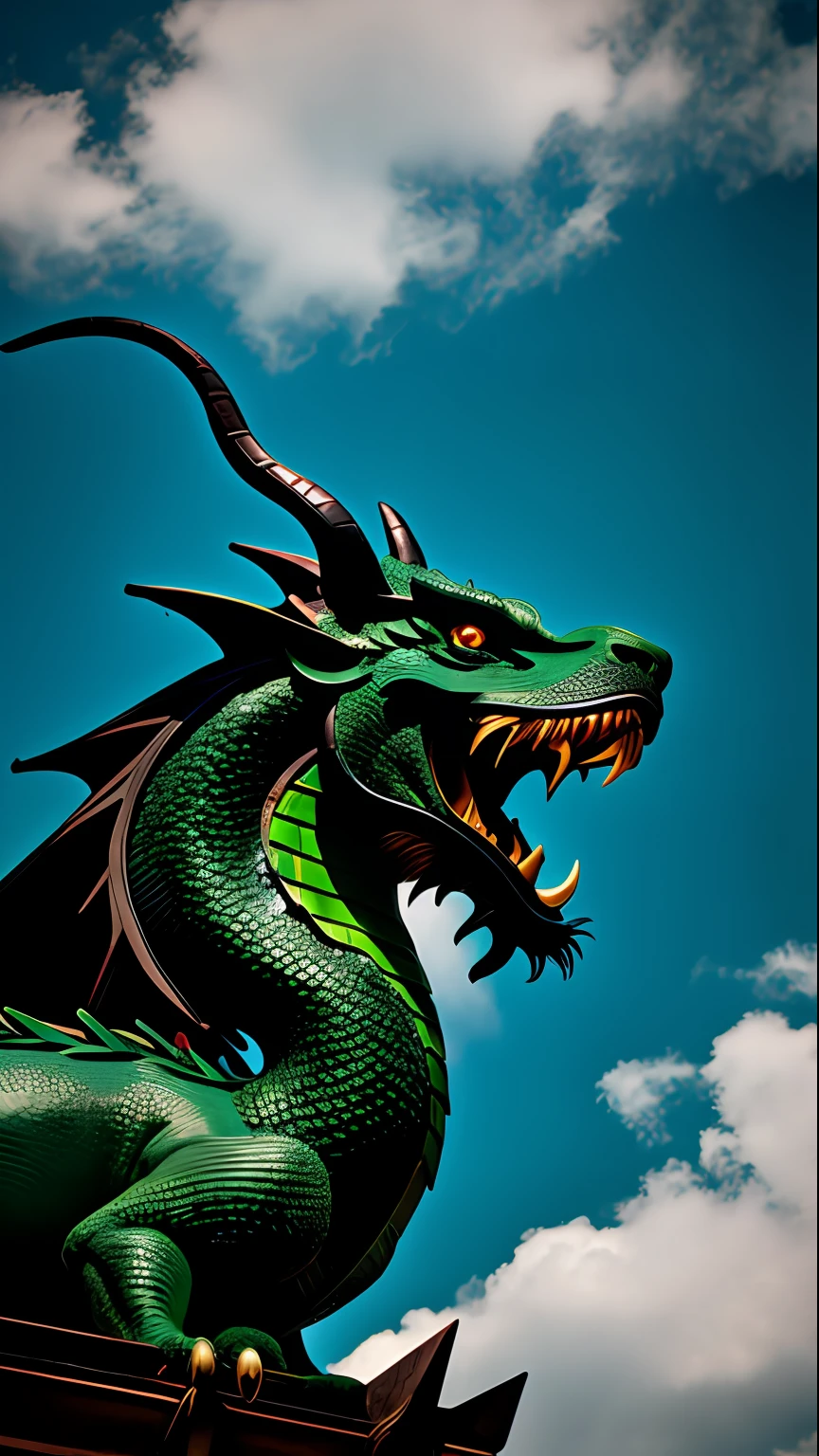 Dark Green Chinese Dragon, Realistic, High contrast, high detail, In the sky