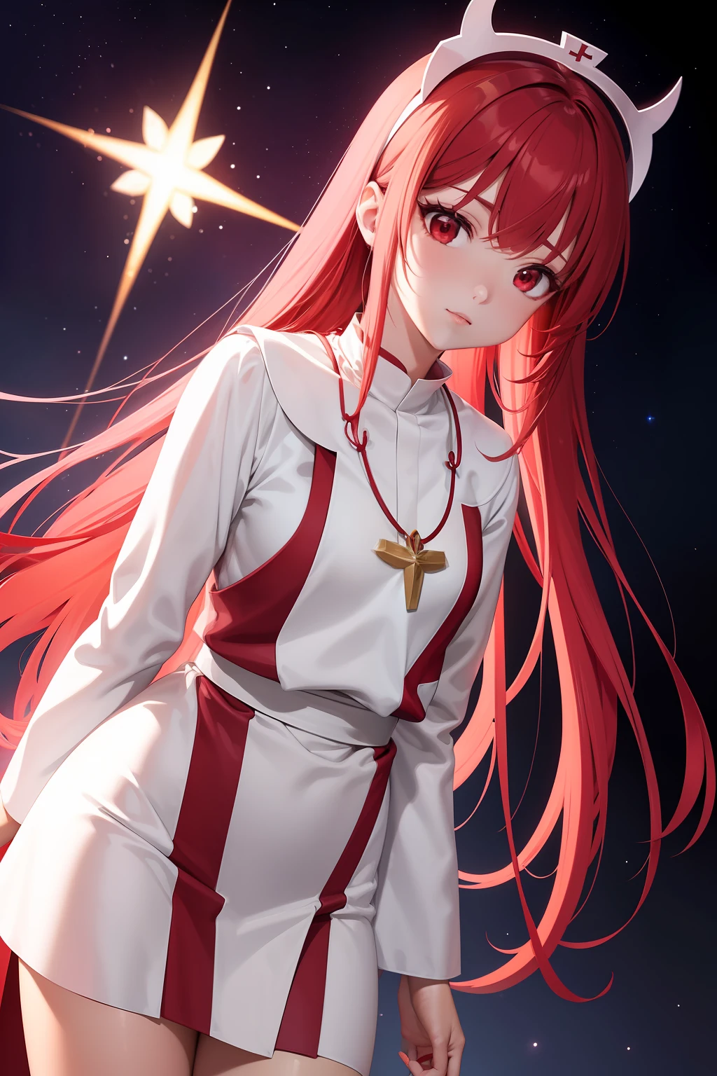 1 beautiful anime spatula priest, red and white really short priest robe, hight detailed, ray tracing, space background, perfect, ultra high detailed, highly detailed face, saint halo, sexy, attractive, goddes, really long hair, hair accessories, necklace, nsfw, sex, pussy