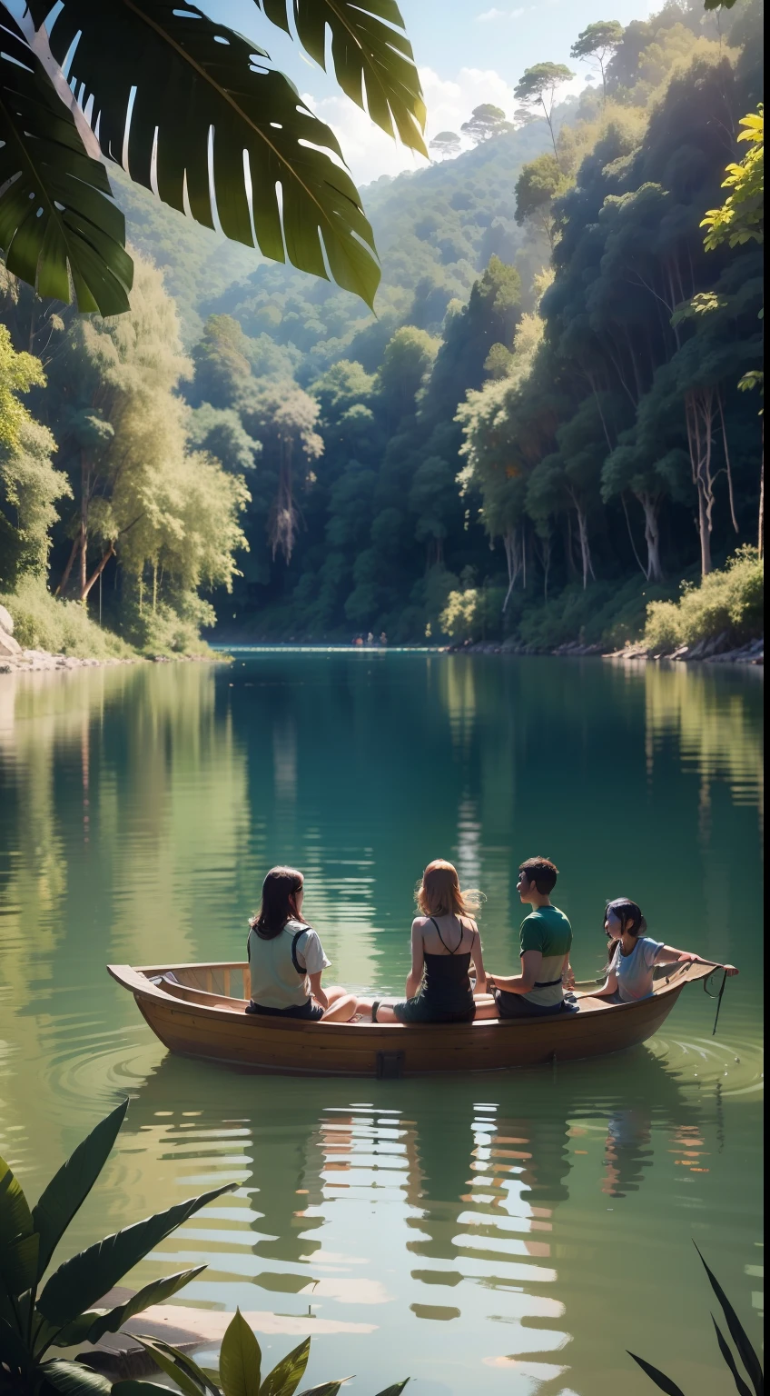 Never tried this: several people on adventure in a jungle enjoying themselves in a lake, friends in a lake, summer setting, on a sunny day, beautiful sunny day, summertime, jungle background, people in a lake, joy and smiles, shot with canon eoa 6 d mark ii, having a good time, shutterstock, hot with shining sun, holiday commercial 4k, friendship,warm and joyful atmosphere, adventure, 8 0 0 mm