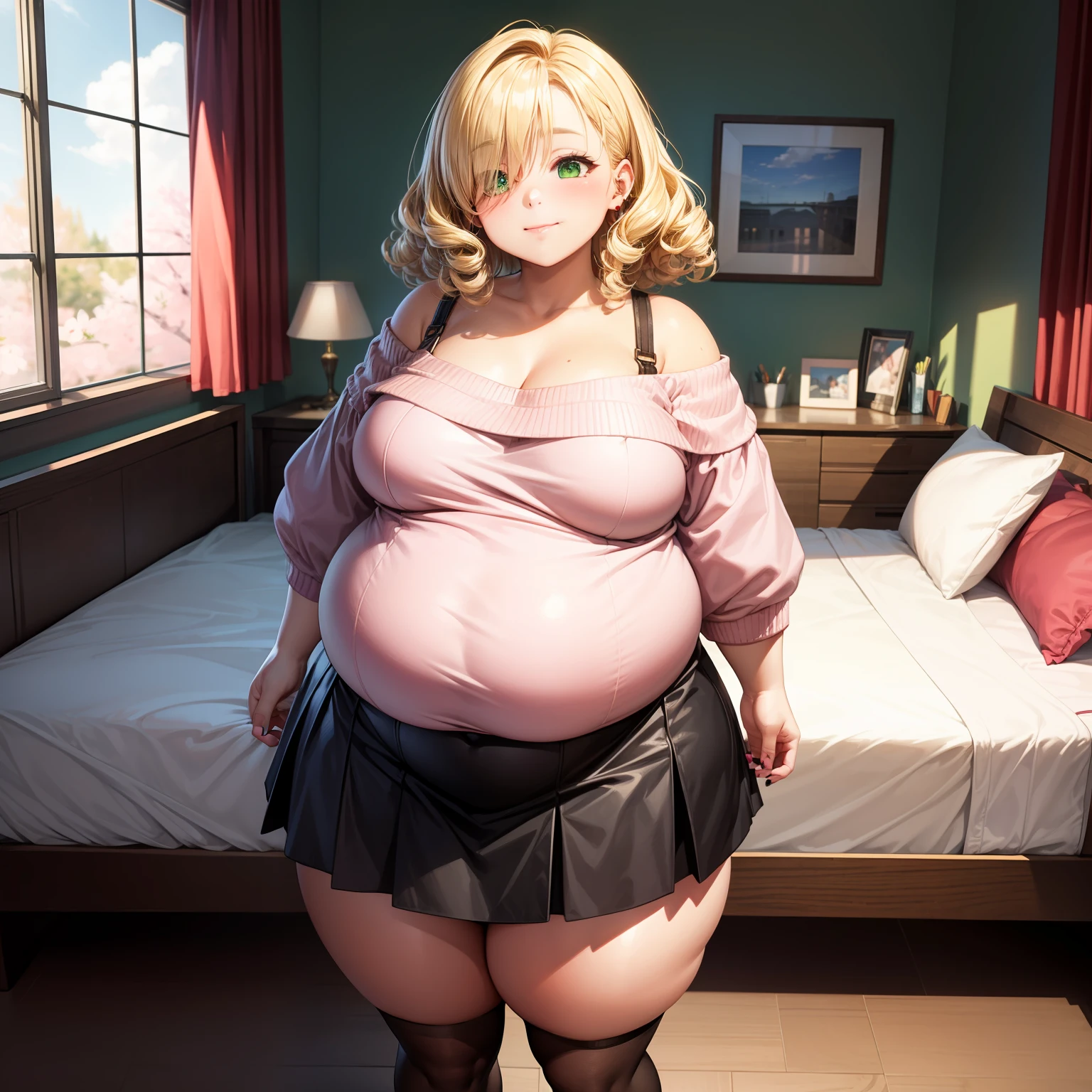 blonde hair, 1girl, (masterpiece), curly hair, medium hair, green eyes, soft smile, hair over one eye, pink sweater, off shoulder sweater, black skirt, half body portrait, pink nails, (chubby:1.6), black stockings, small breasts, shoulder length hair, bangs over one eye, detailed bedroom background, sakura blossom pin, standing, nervous, solo