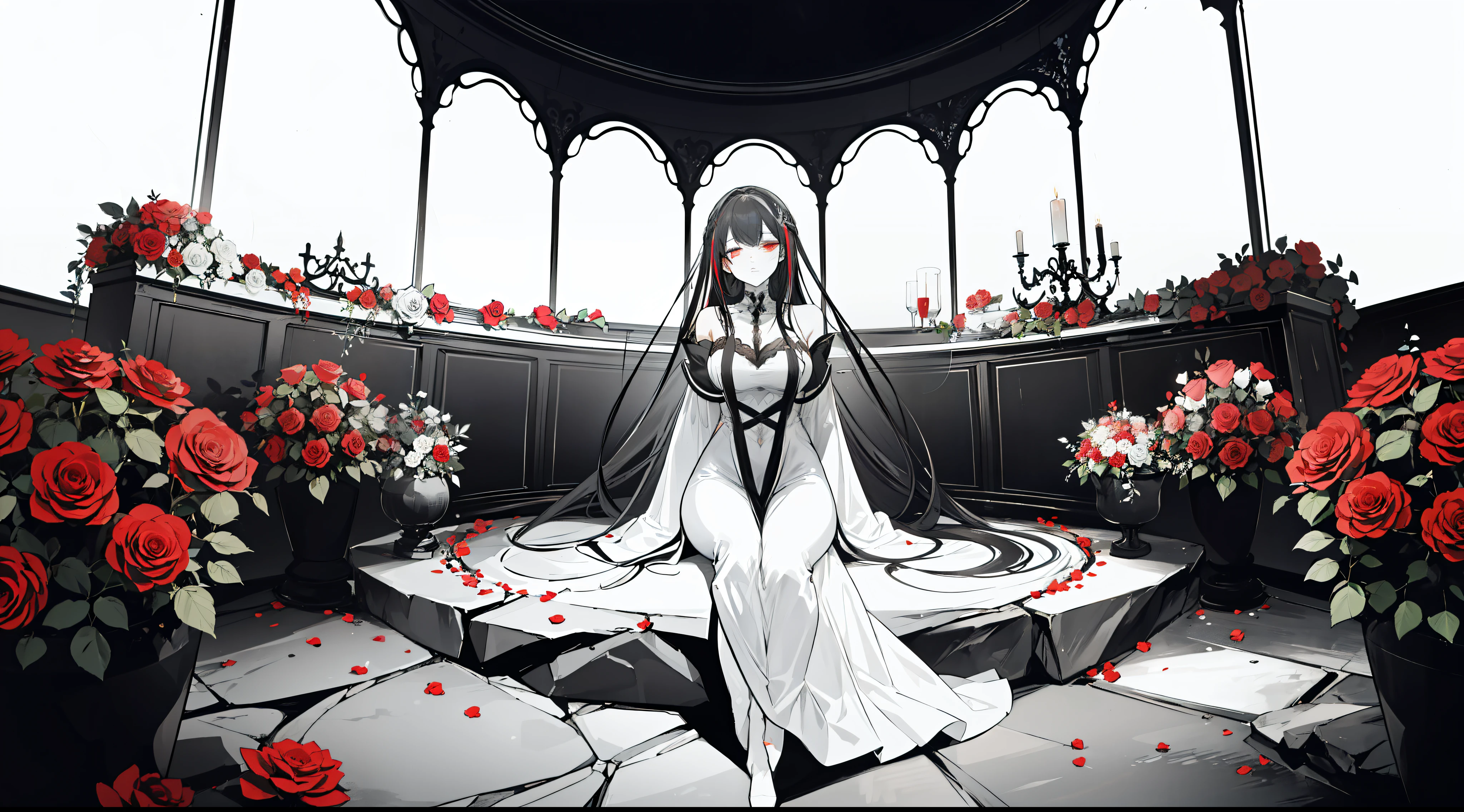 "Monochromatic. Elegant mature woman with black hair sitting in the middle of the altar and on the rock, red roses surround her covering her pale skin. She had died hundreds of years ago, but her body was still intact. (Monochromatic)"