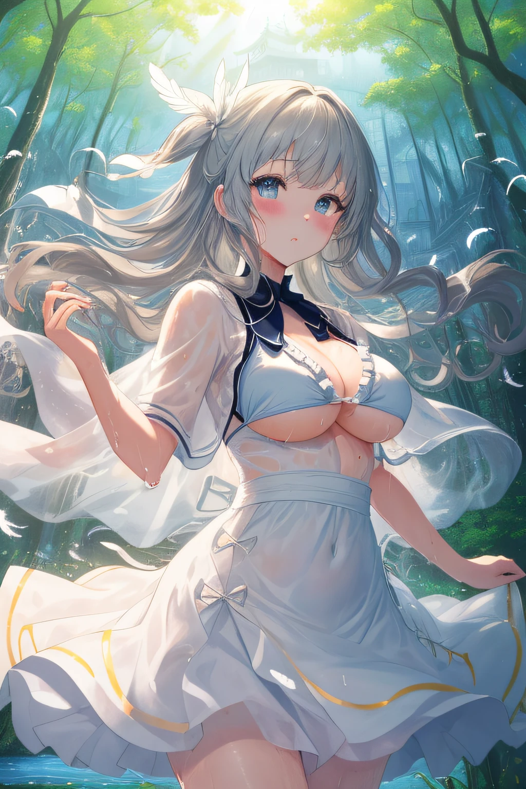 (extremely detailed CG unity 8k wallpaper),(((masterpiece))), (((best quality))), ((ultra-detailed)), (best illustration),(best shadow), ((an extremely delicate and beautiful)),dynamic angle,floating, solo,((1girl)),{long wavy curly hair},expressionless,((white idol dress)), anglesailor dress,(detailed wet clothes),silk shawl,bikini,underboob, frills,cute anime face,blush,(beautiful detailed eyes), (detailed light),feather, nature, (sunlight), river, (forest),(((floating palace))),beautiful and delicate water,(painting),(sketch),(bloom),(shine),