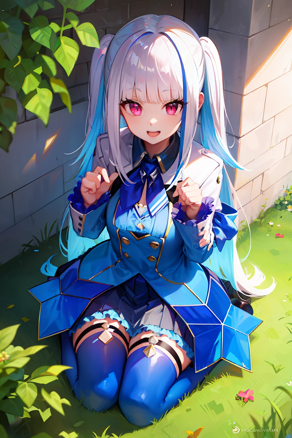 1 girl, Double V, chest, Outdoor, alley, cheerfulness, Kneeling, From above, looking at viewert, After, Long hair, Pink eyes