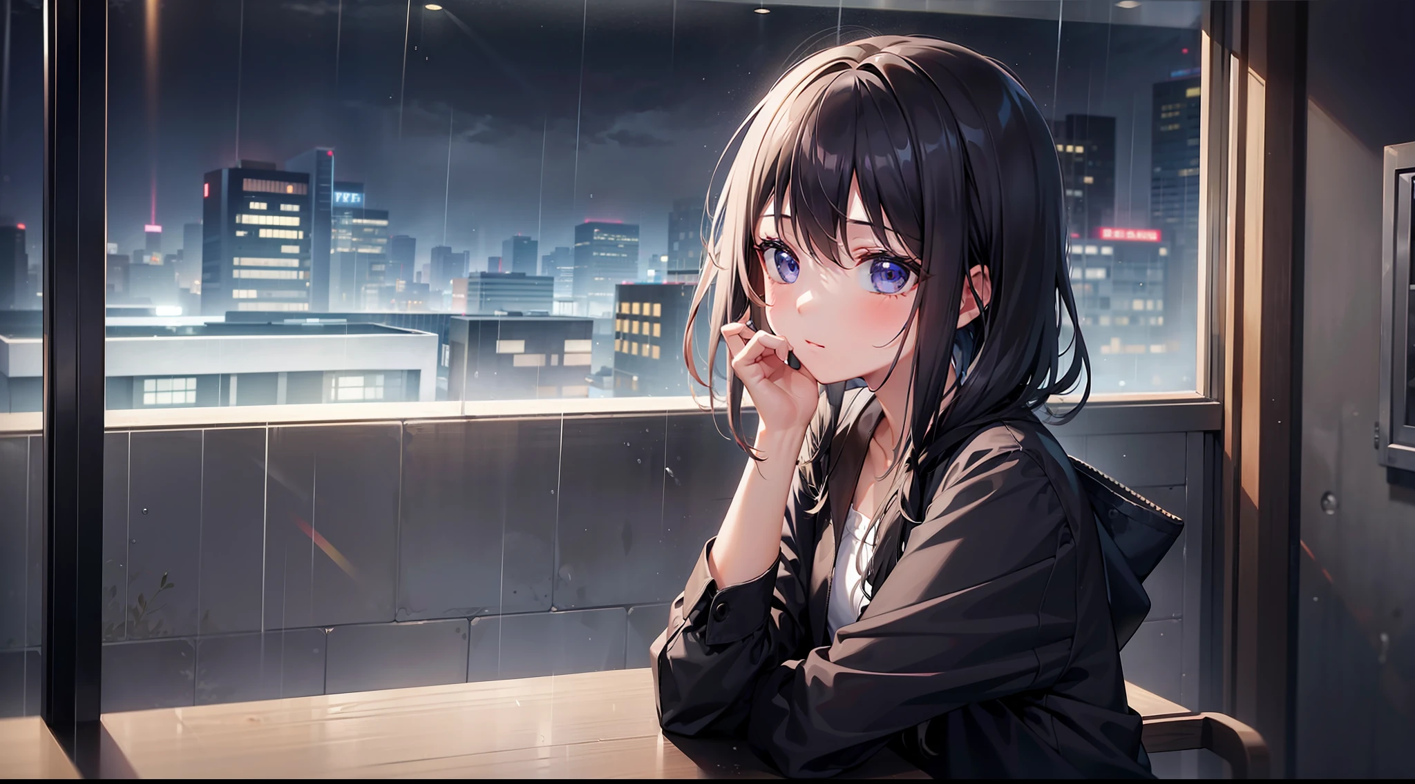 1 girl, rainy day, waiting but not coming, view faraway