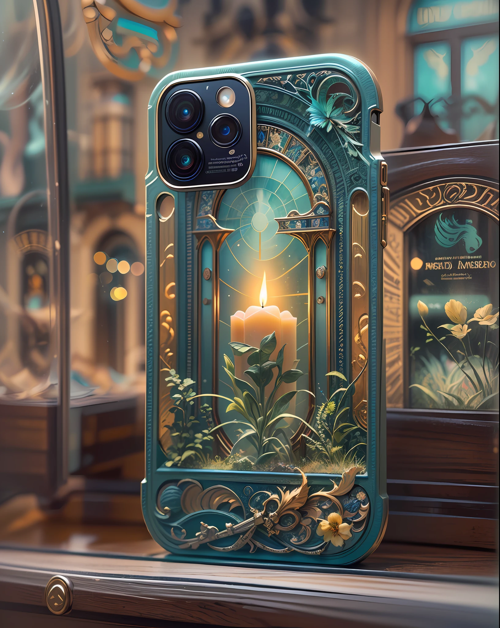 There is a phone case with a 3D painting on the back，Picture of candle in window, Surreal + Highly detailed, hyperrealistic art nouveau, best photography of 2 0 2 1, surreal design, Paintings of Apple phones, dreamy and detailed, beautiful cameraphone, Surreal complex details, beeple and alphonse mucha, 3d magical details, beeple masterpiece