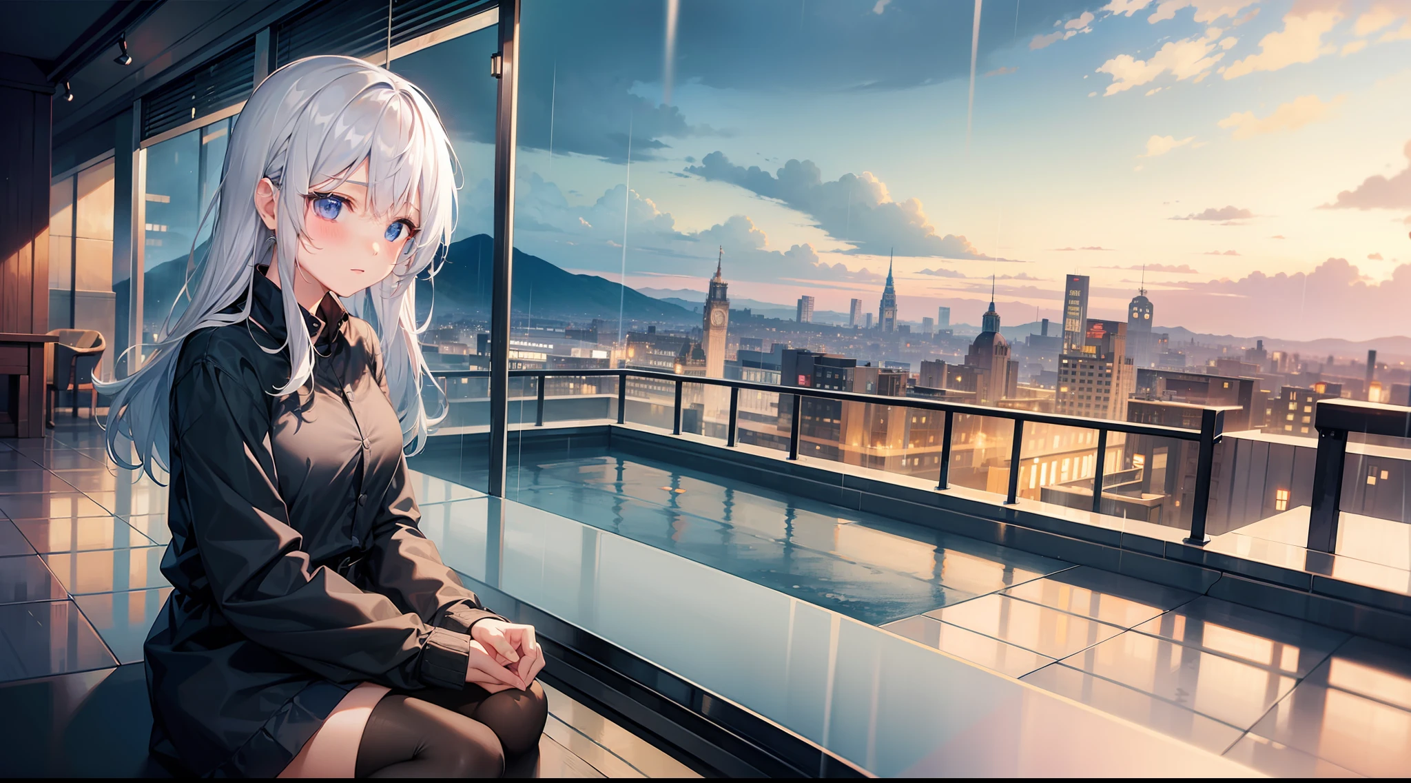 1 girl, rainy day, waiting but not coming, view faraway