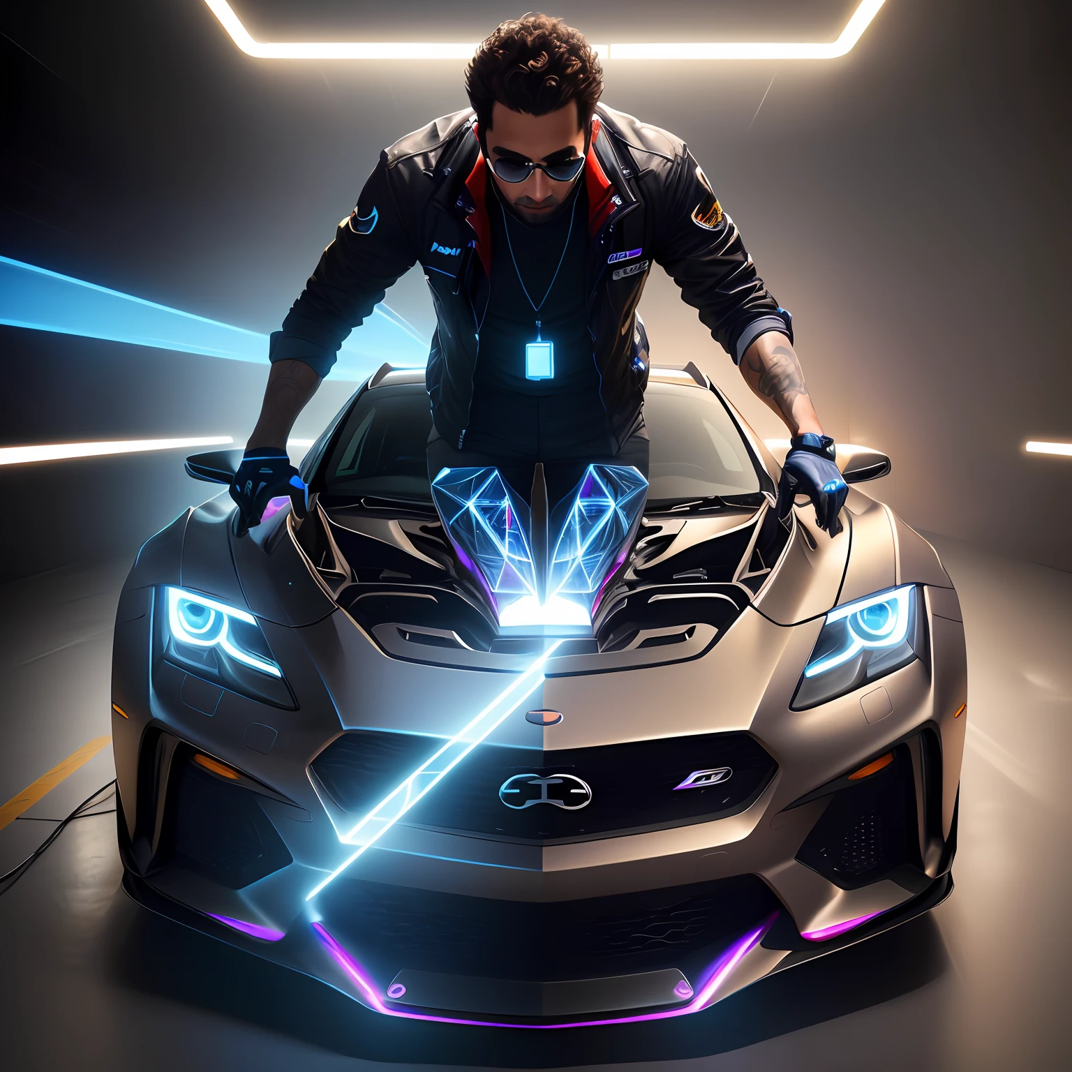 arafed image of a man working on a car model, car with holographic paint, futuristic product car shot, holographic projection, cinematic hologram, hyperrealistic, corporate holograms, advanced technique, automotive, innovative, hyperrealistic vfx simulation, automotive design art, a hologram, holograph, holographic display lenses, intelligent