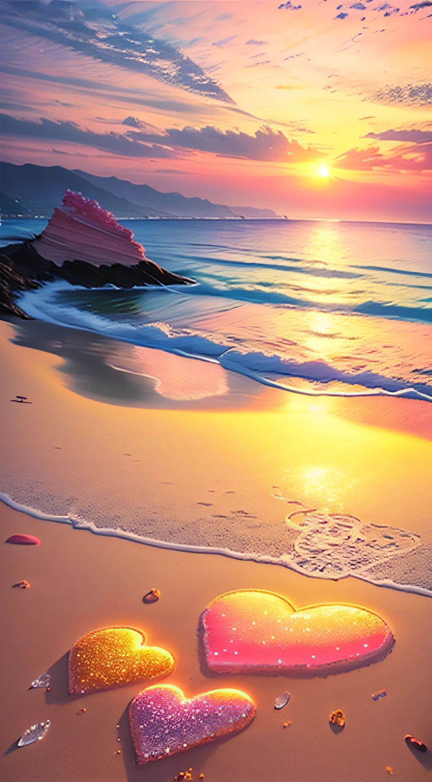 The beach is covered with colorful transparent smooth crystals:1.5,Absolutely mesmerizing sunset on the beach,The sky is mixed with orange,Pink and yellow,Heart-shaped clouds,The sea is crystal clear,Kissing the shore tenderly,The white sand stretches as far as the eye can see。The scene is full of movement,breath-taking,mountain cliff。Soak up the calm atmosphere,Let tranquility envelop you。