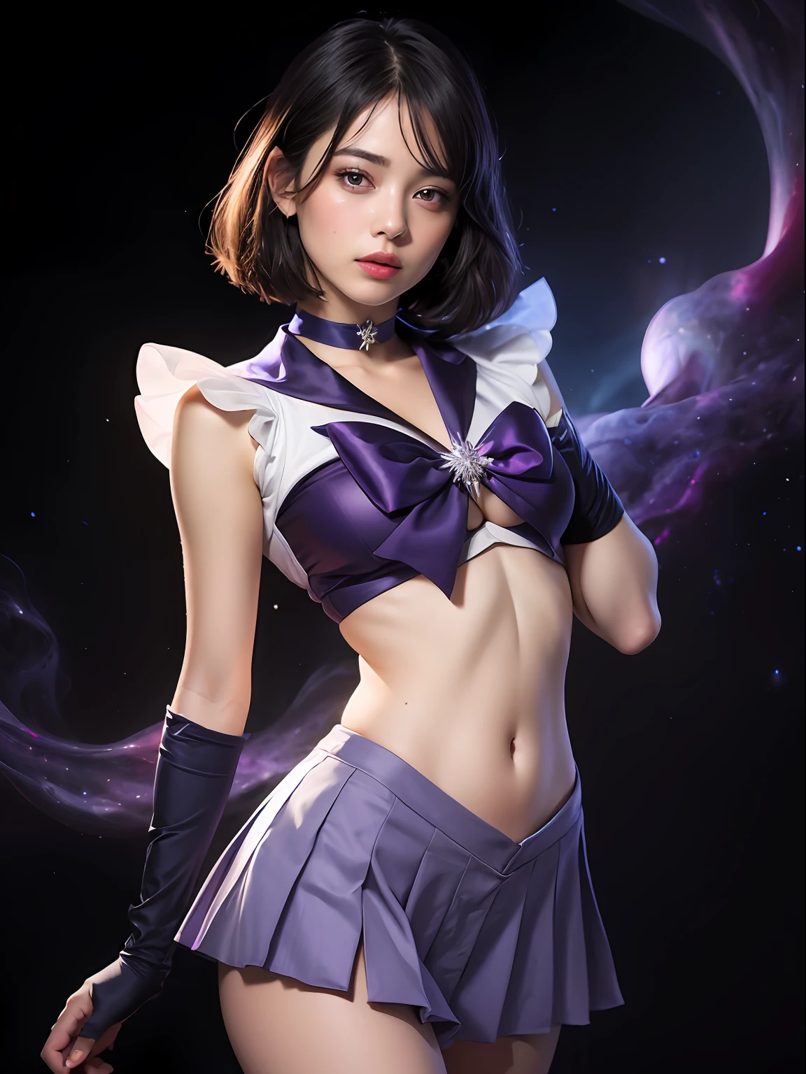 (masterpiece, best quality:1.4), (nebula background), (full body shot), (erotic pose:1.5), 1girl, solo, (european youth:1), sailor saturn, tiara, sailor senshi uniform, purple sailor collar, pleated skirt, elbow gloves, jewelry, brooch, choker, short black hair, (purple eyes:1.5), beautiful face, highly detailed face, highly detailed eyes, highly detailed skin, skin pores, subsurface scattering, realistic pupils, full face blush, full lips, detailed background, depth of field, volumetric lighting, sharp focus, absurdres, realistic proportions, good anatomy, (realistic, hyperrealistic:1.4), 16k hdr,
